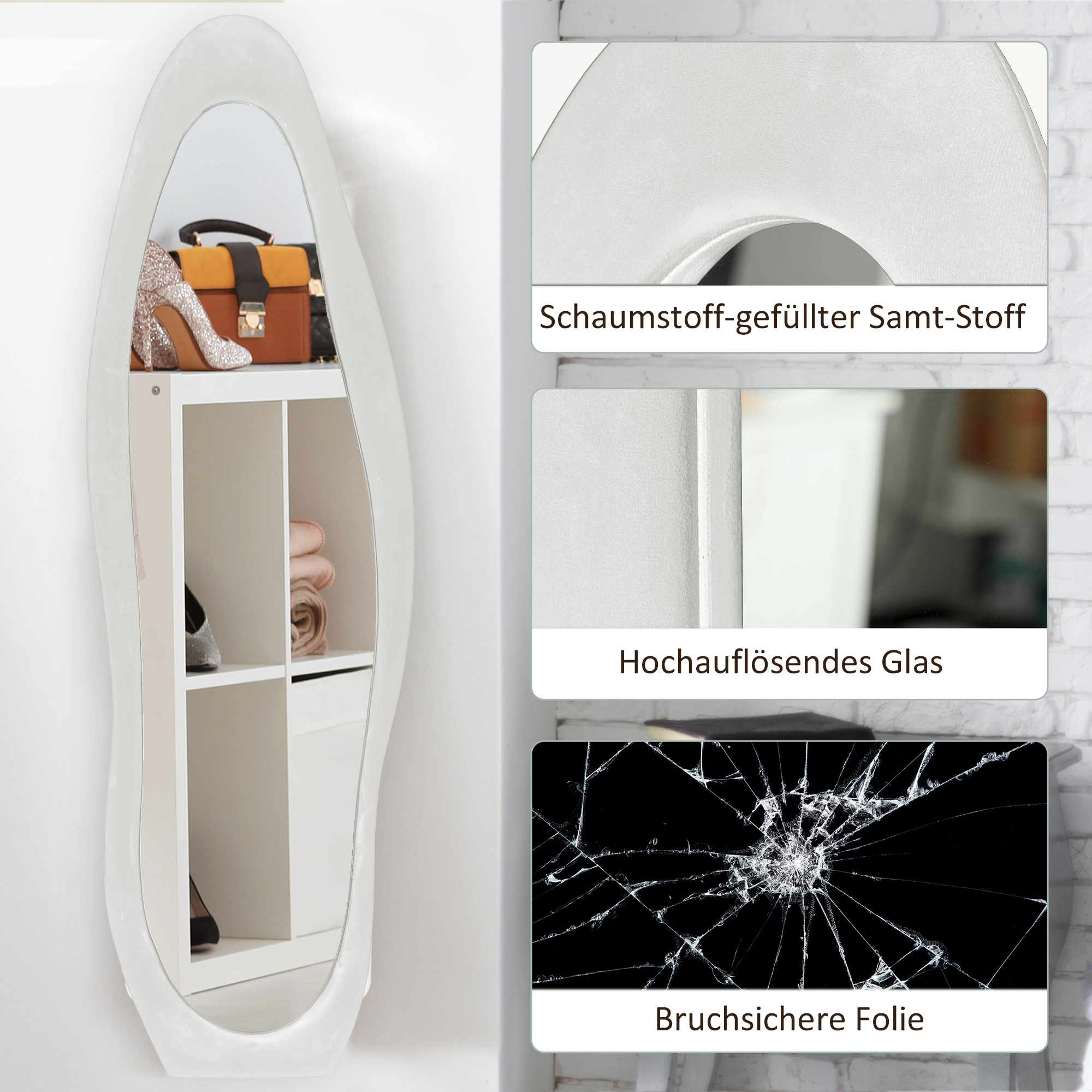 Ein weißer Spiegel mit Regal, mit Text, der die Komponenten und Eigenschaften des Spiegels zeigt.