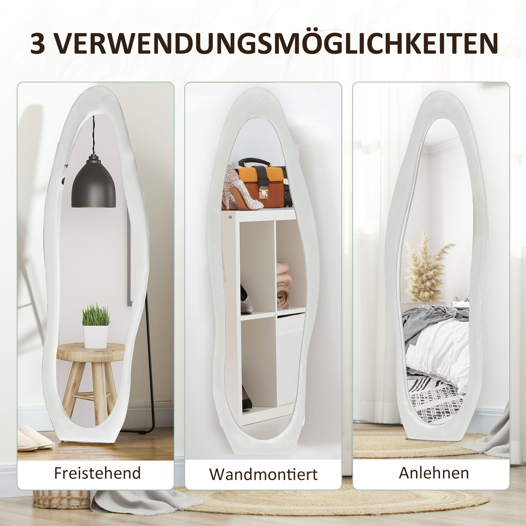 Drei Spiegel zeigen verschiedene Verwendungsmöglichkeiten: freistehend mit Hocker, wandmontiert mit Regalen und an die Wand gelehnt mit Teppich.