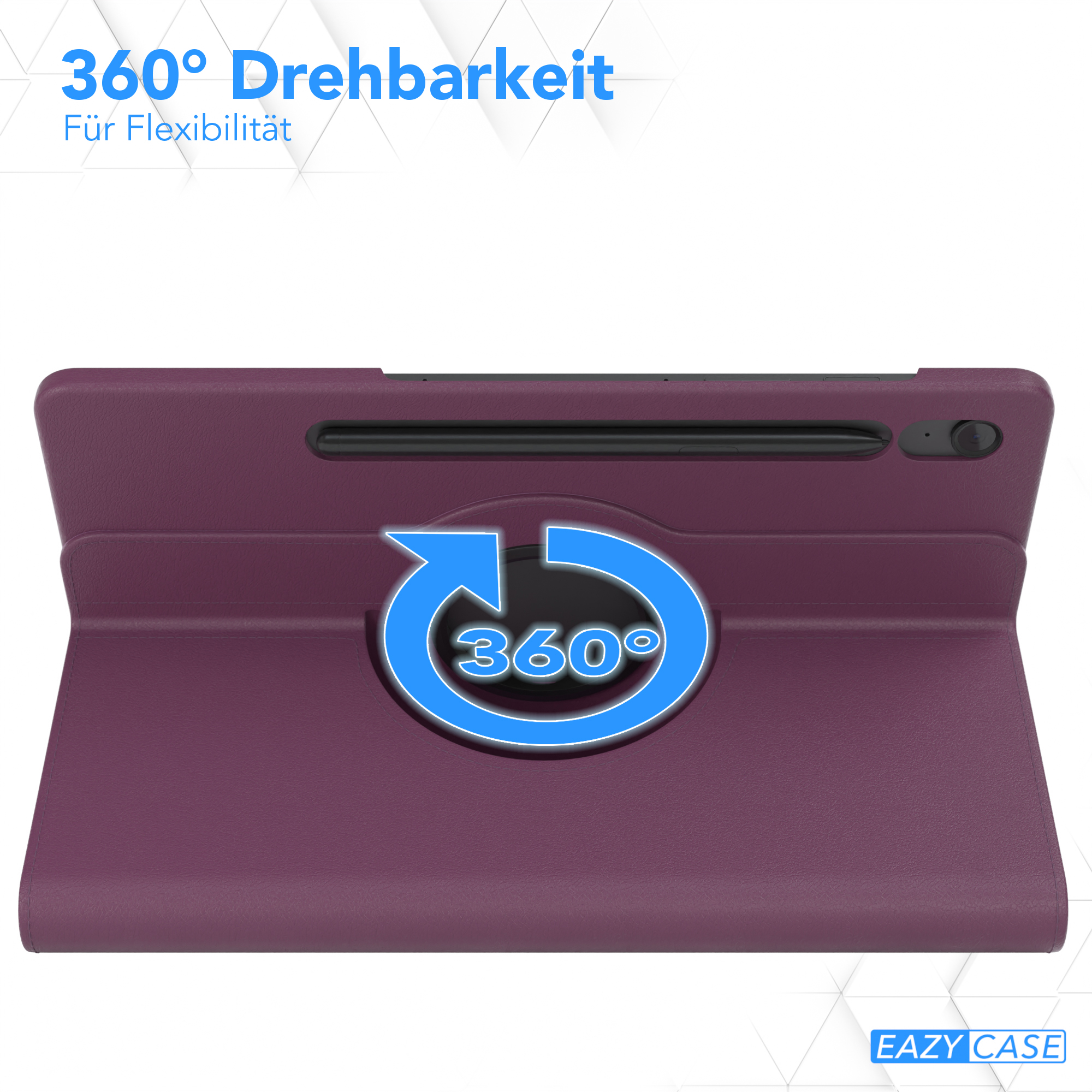 Eine violette Tablet-Hülle dreht sich um 360 Grad und wird vor einem weißen Hintergrund mit dem Eazy Case-Logo gezeigt.