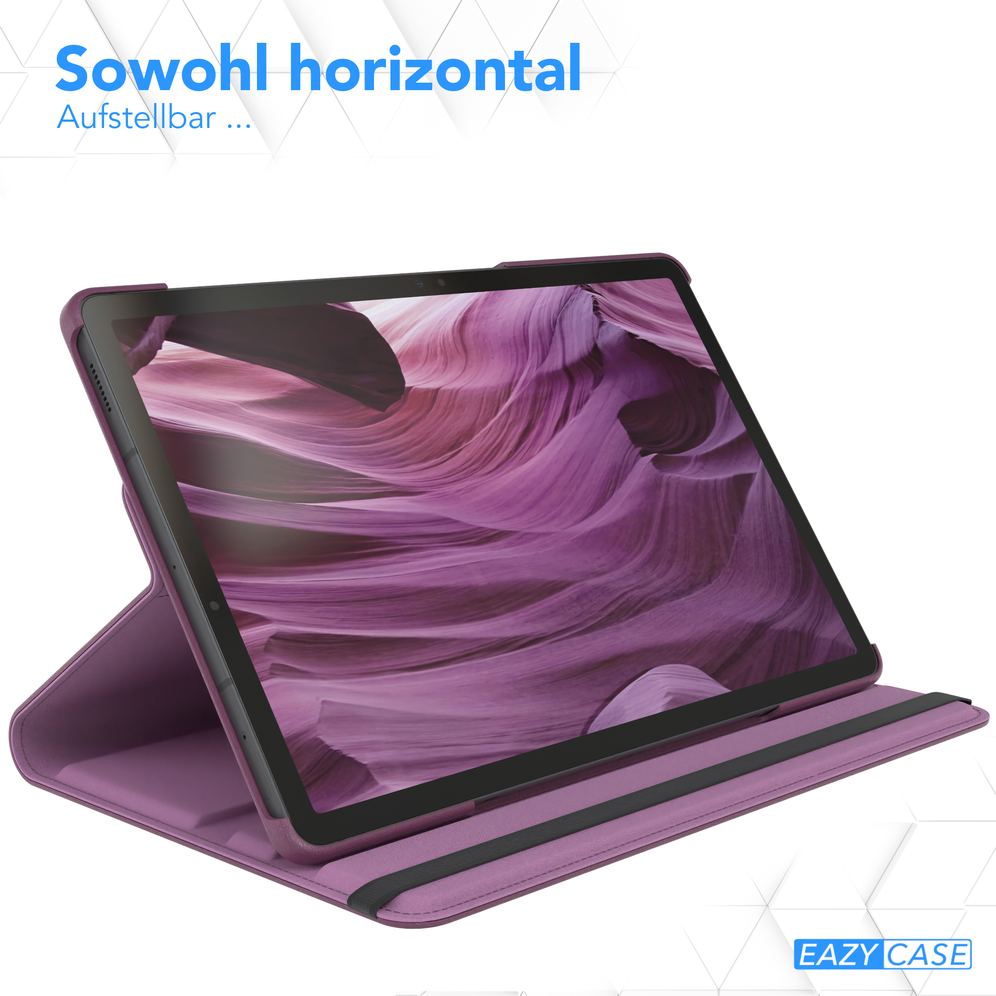 Eine violette Tablet-Hülle steht horizontal und zeigt einen wellenförmigen rosa-violetten Bildschirm mit dem Eazy Case-Logo.