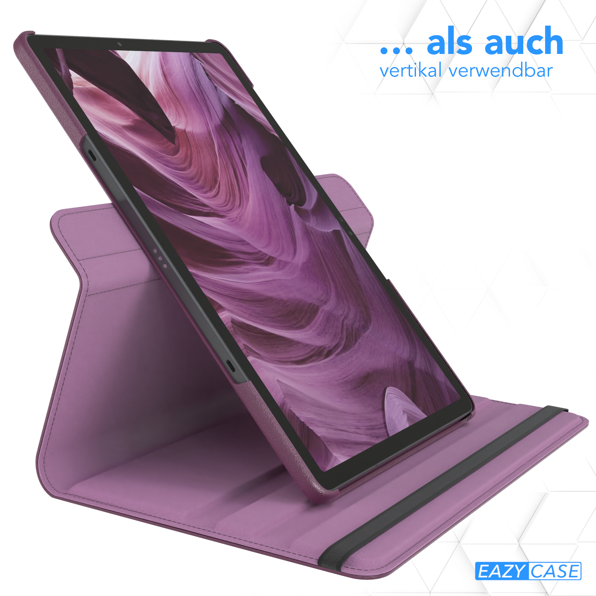 Eine violette Tablet-Hülle ist vertikal positioniert und zeigt einen Bildschirm mit einem rosa-violetten Wellenmuster, das Eazy Case-Logo ist sichtbar.