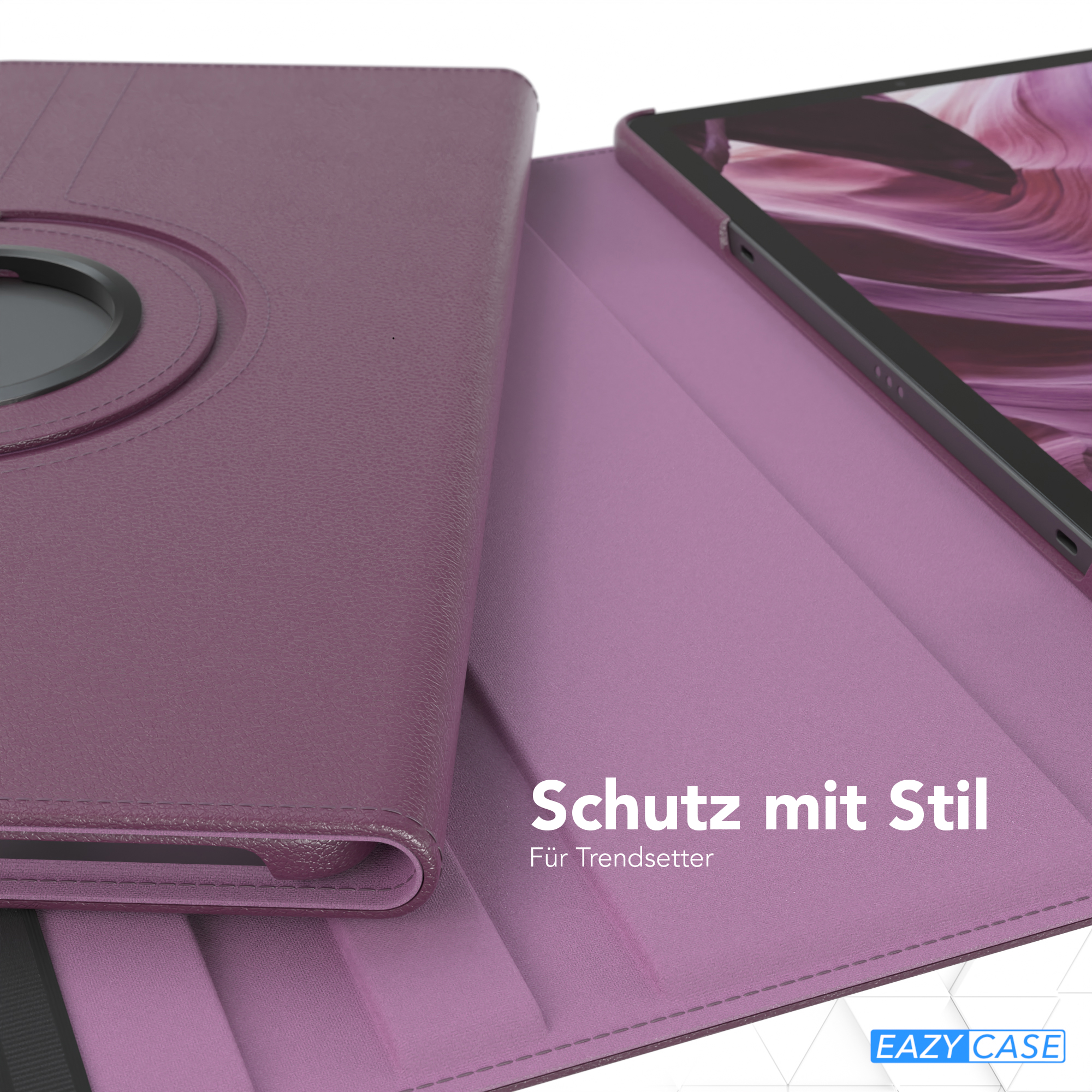 Lila Tablet-Hülle geöffnet, zeigt Innenraum und Tablet. Weißer Hintergrund mit Text.