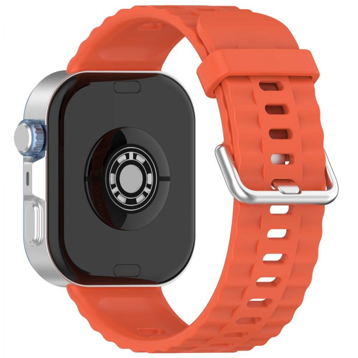 Smartwatch an orangefarbenem Armband. Zifferblatt ist schwarz. Silbernes und blaues Gehäuse. Das Armband ist geriffelt.