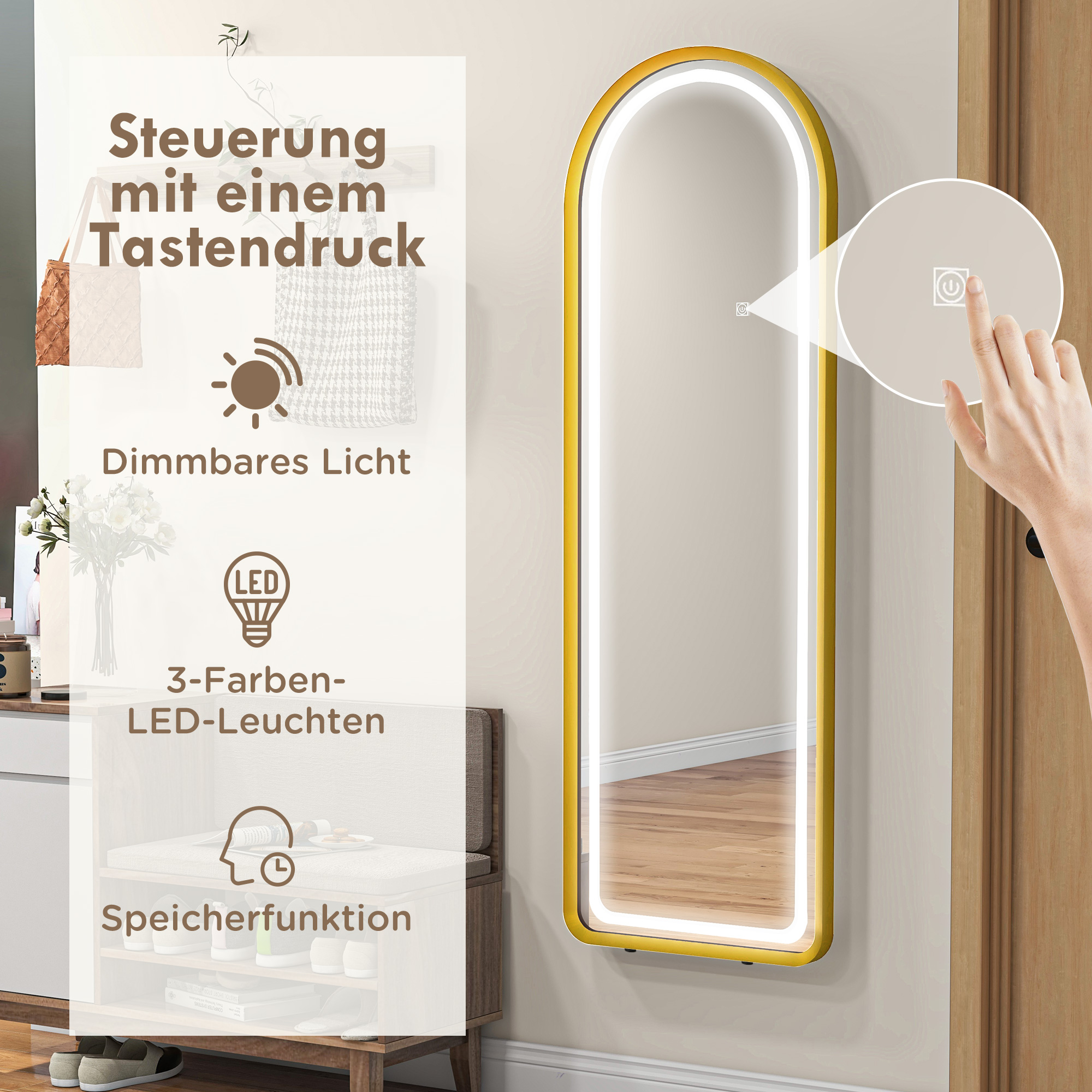 Ein hoher, gewölbter Spiegel mit goldenem Rahmen an einer Wand mit Text und einer Hand, die darauf zeigt.