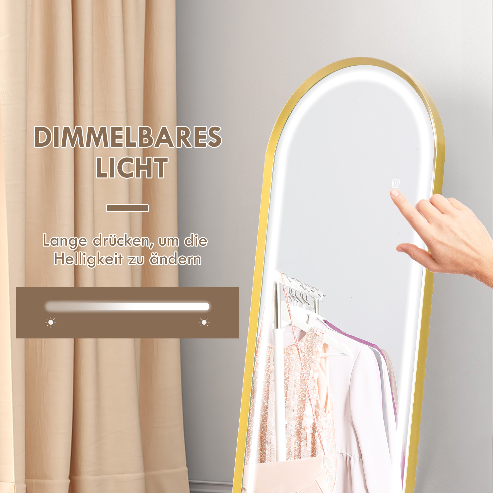 Eine Hand berührt einen goldgerahmten Spiegel mit beleuchtetem Rand, zeigt die dimmbare Lichtfunktion.