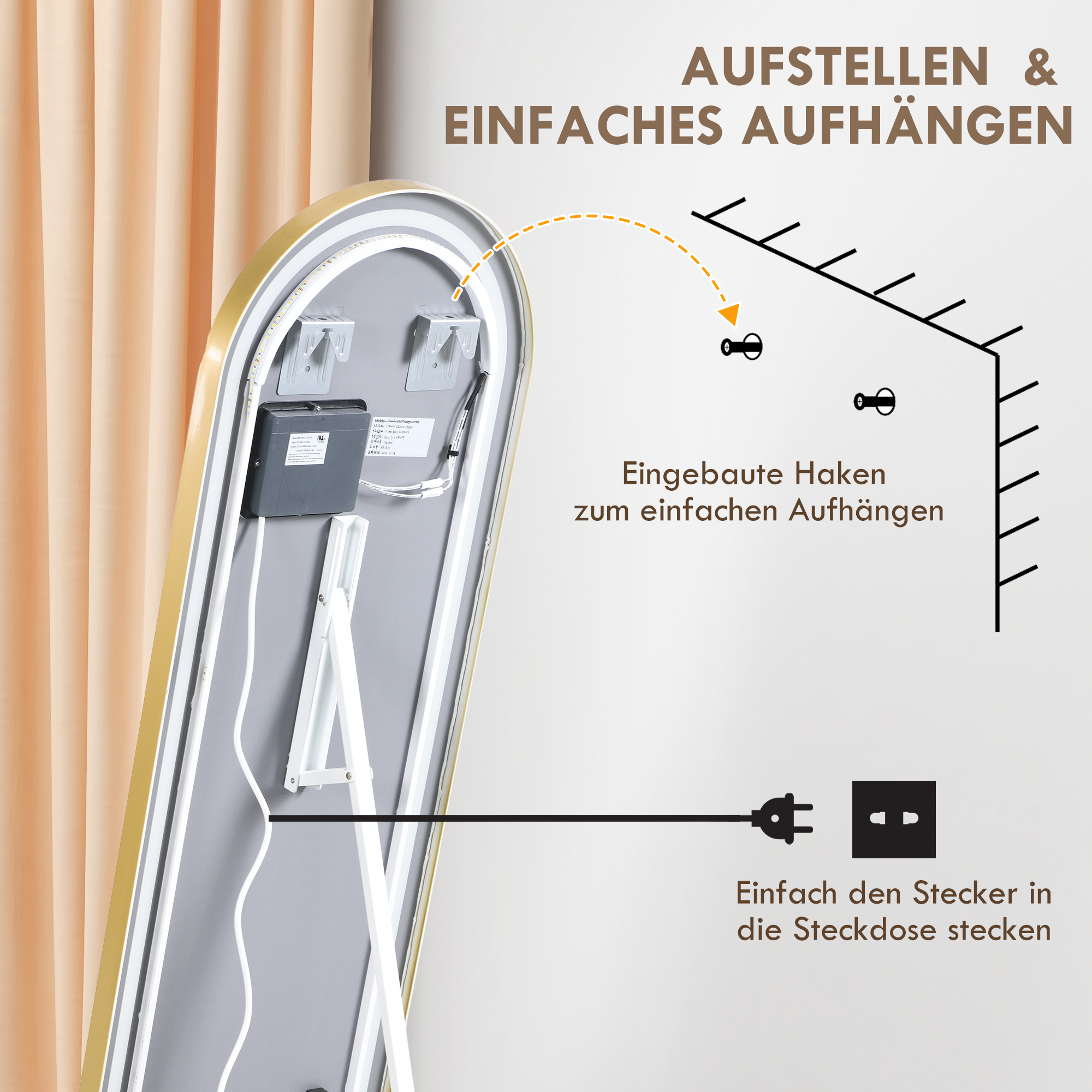 Diagramm, das die Rückseite eines goldgerahmten Spiegels und die Wandaufhängung zeigt.