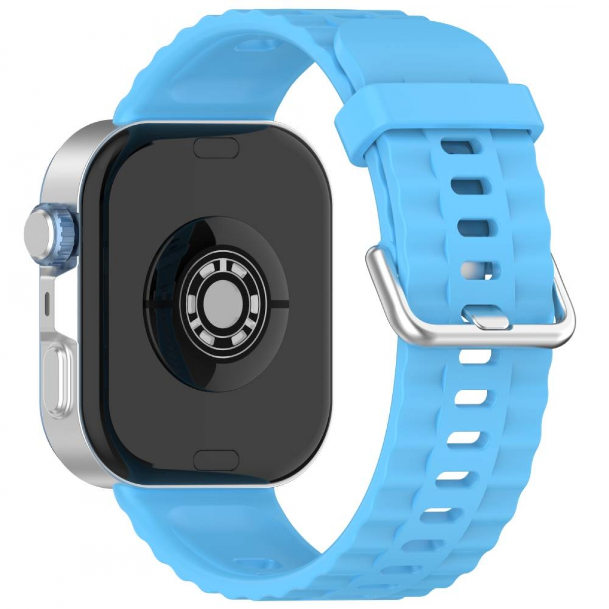 Eine Smartwatch mit blauem Armband und silbernem Gehäuse, zeigt die Rückseite.