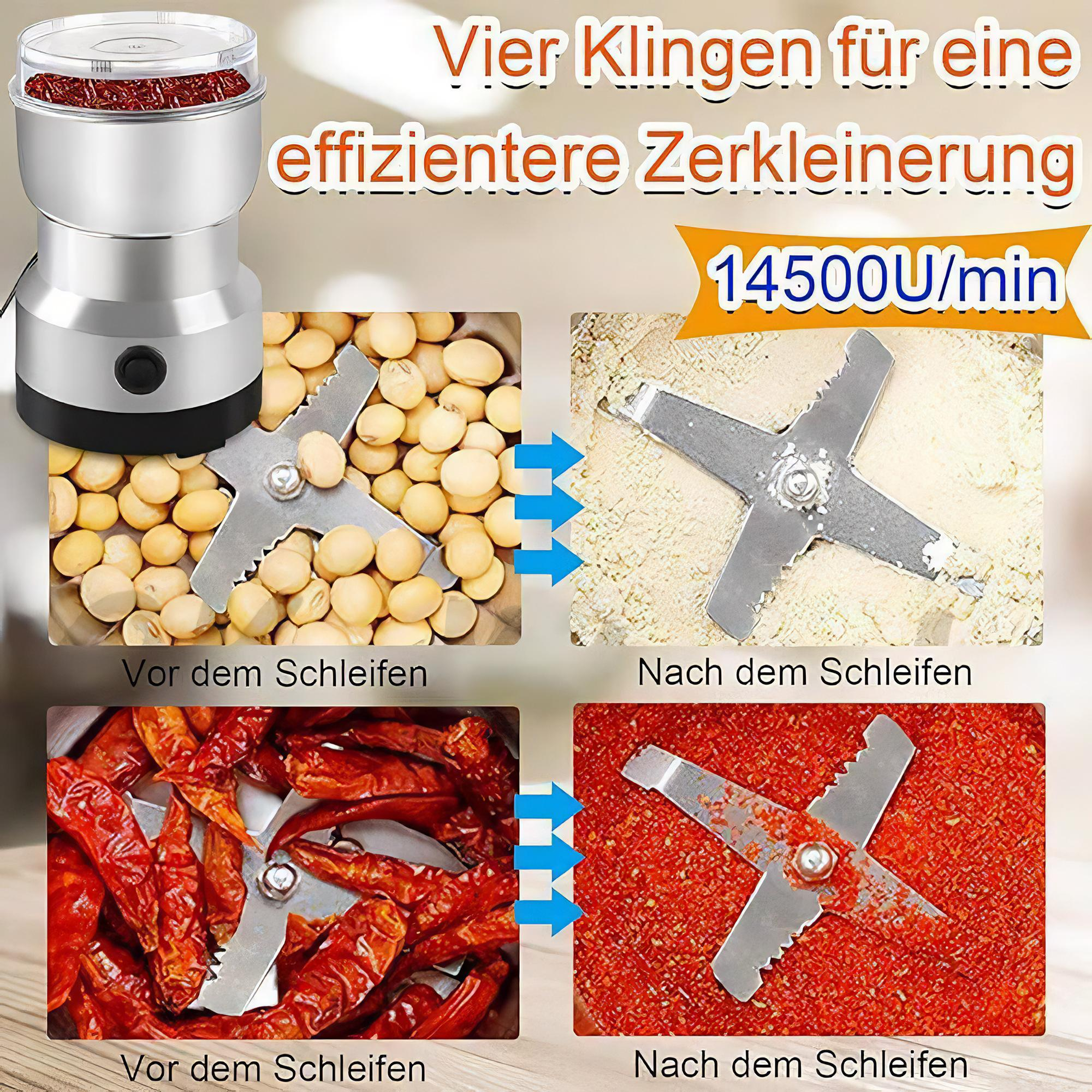 Eine Kaffeemühle mit Klingen und Zutaten, die das Mahlen vor und nachher zeigen.