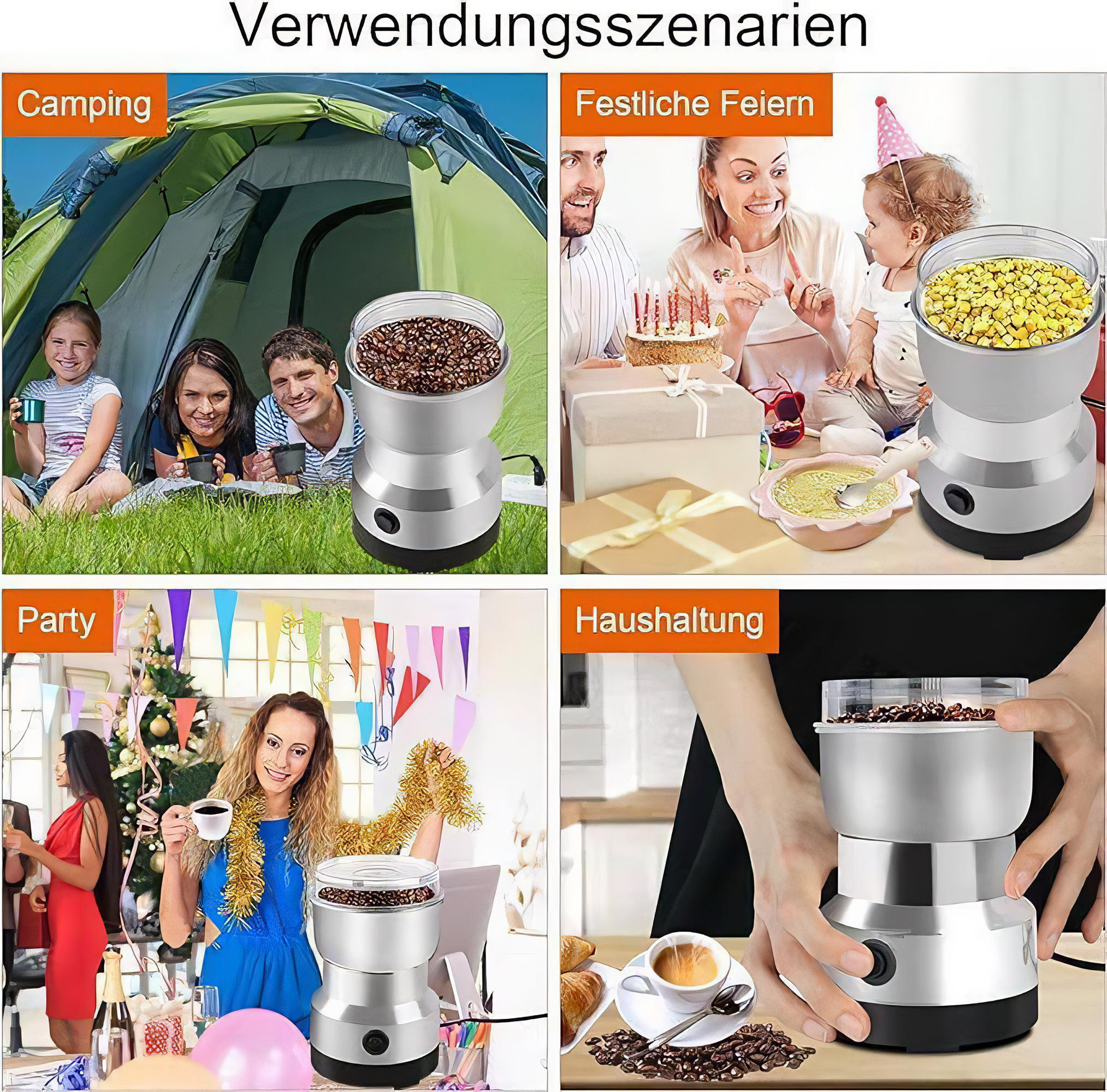 Vier Szenen, die eine Kaffeemühle beim Camping, auf Partys, im Alltag und bei festlichen Anlässen zeigen.