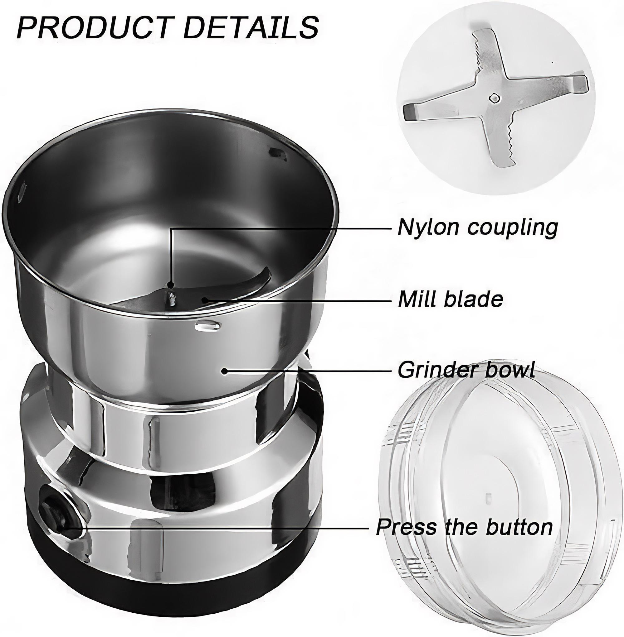 Produktdetails einer Kaffeemühle, mit Etiketten, die auf die Teile zeigen: Nylonkupplung, Mahlklinge, Mahlschüssel.
