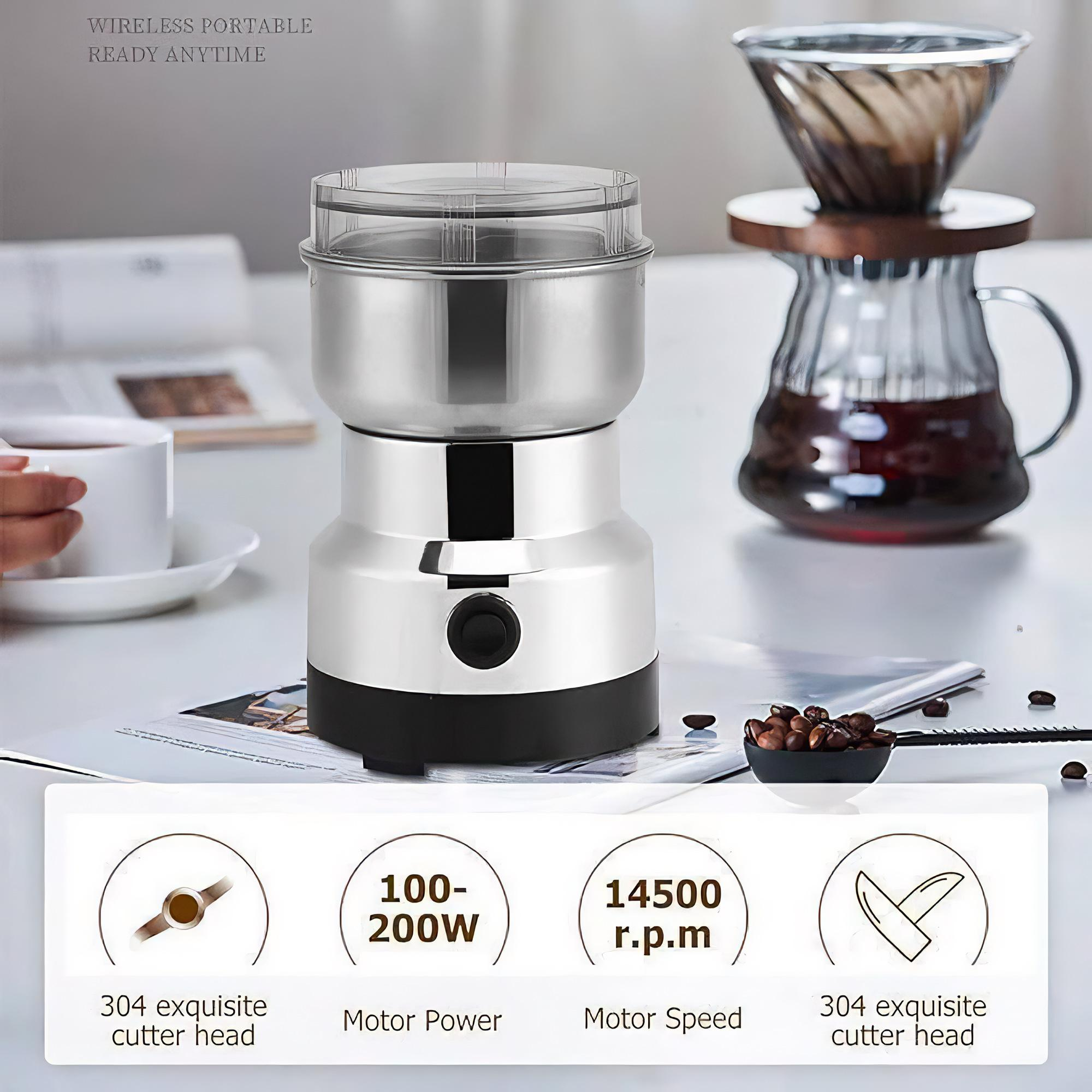 Eine Kaffeemühle mit Pour-Over-Setup und einigen Informationssymbolen.