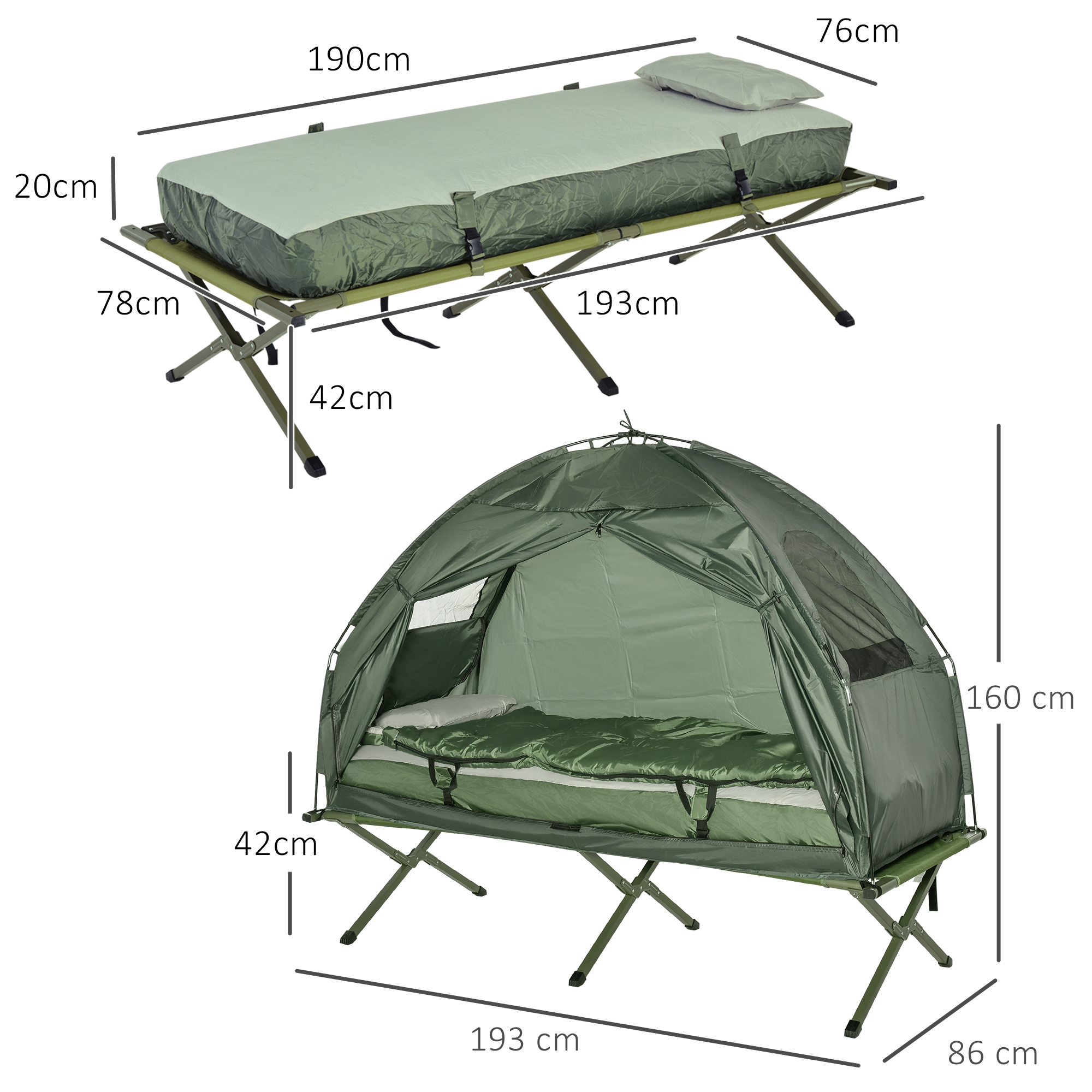 Zwei Ansichten eines Campingbetts und -zeltes mit Maßangaben. Zelt grün, Bett olivgrün.