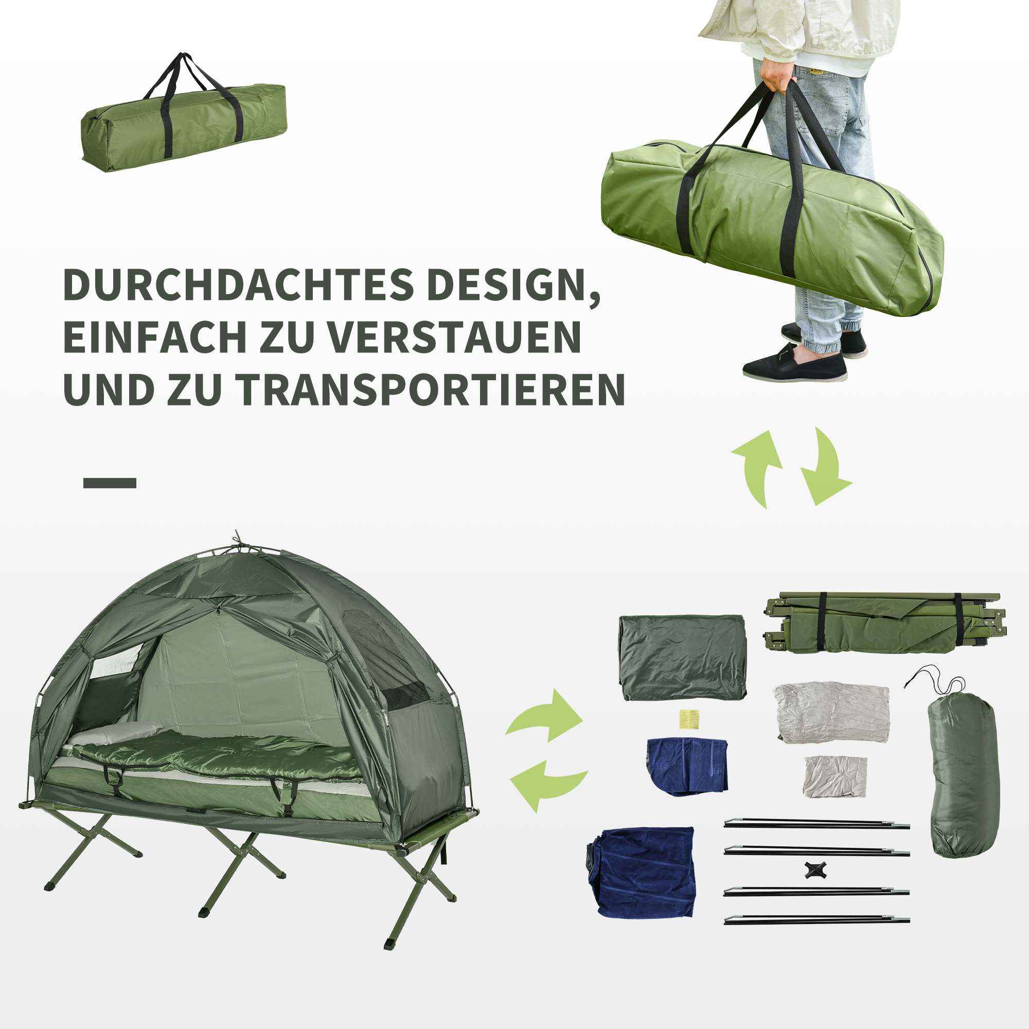 Ein Campingzelt auf einem Feldbett, zerlegte Komponenten und eine Person mit einer Tasche. Deutsch.