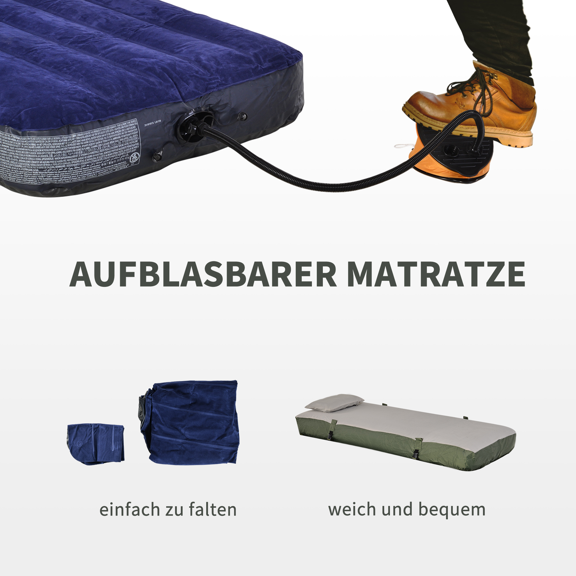 Eine aufblasbare Matratze, die mit einer Pumpe aufgeblasen wird, sowie gefalteter und entfalteter Zustand.