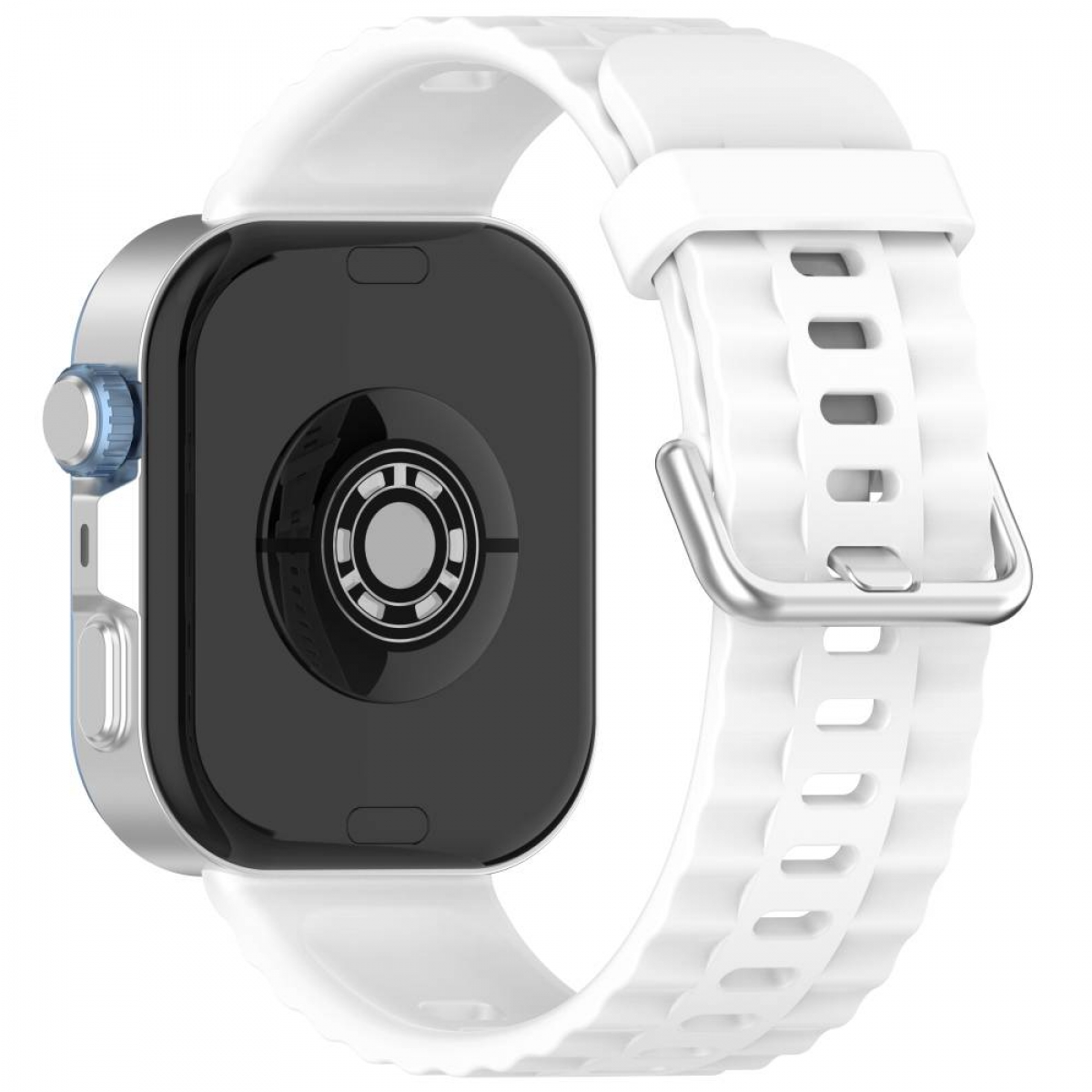 Eine weiße Smartwatch mit weißem Armband und schwarzem Bildschirm. Das Armband ist geschnallt.