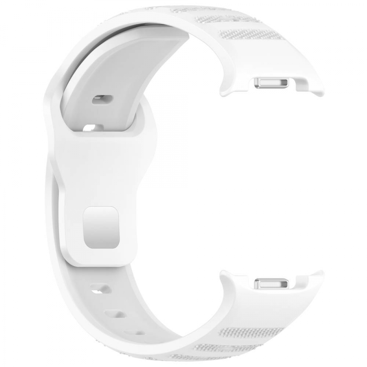 Weißes Uhrenarmband mit strukturierten Details und silberner Schnalle. Das Band ist gebogen.