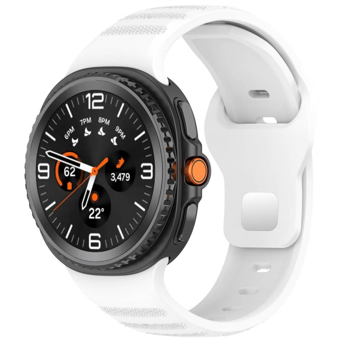 Nahaufnahme einer Smartwatch mit weißem Armband, schwarzer Lünette und orangefarbener Taste. Zeigt Zeit und Statistiken.