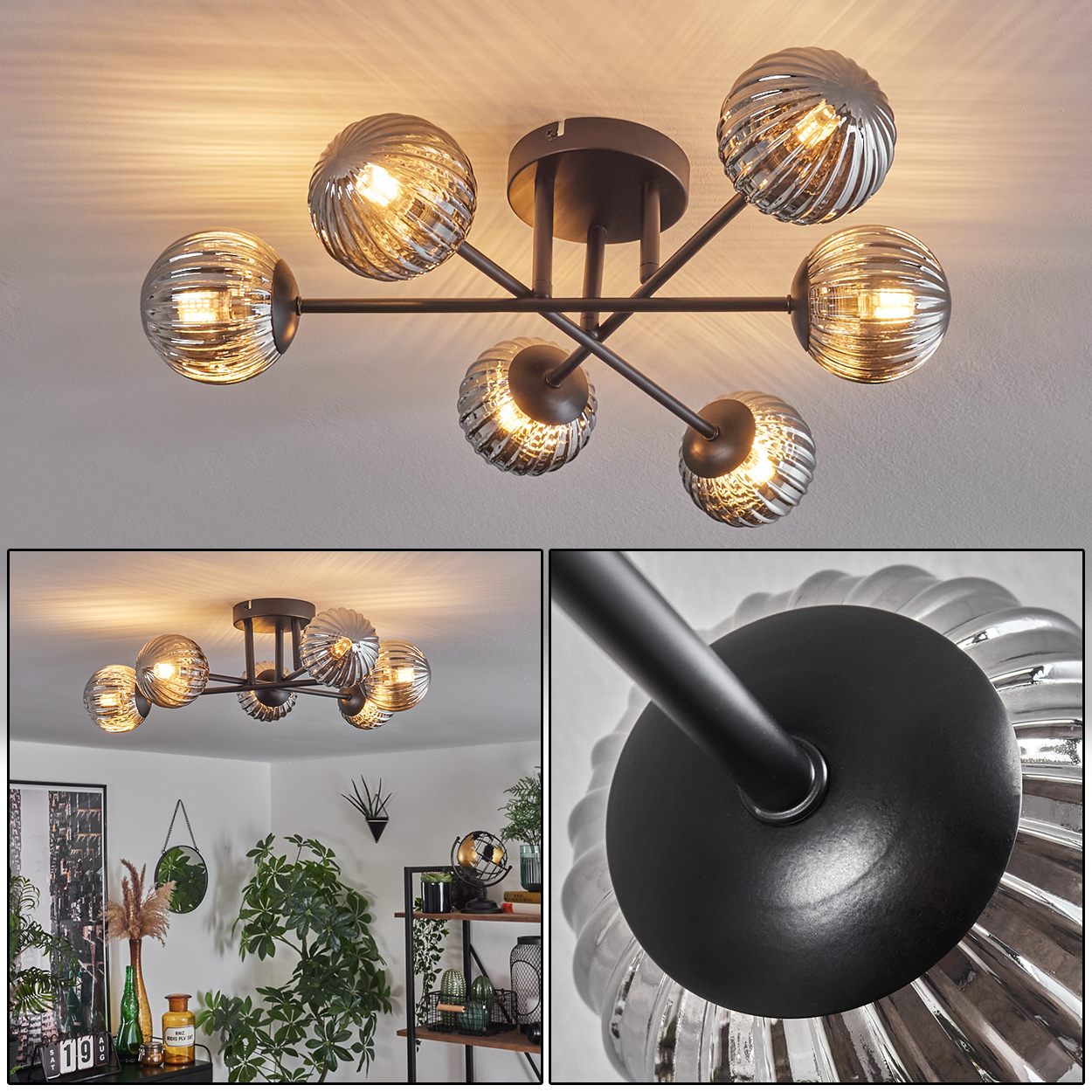 Eine Deckenleuchte mit sechs Kugelleuchten, eine Detailaufnahme der Leuchte in einem Wohnzimmer.