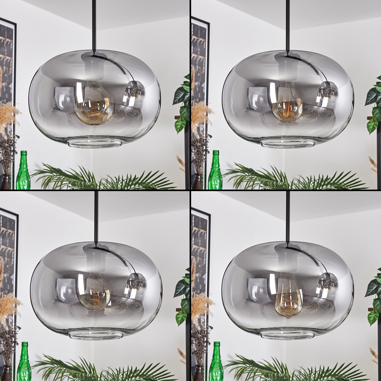 Vier Bilder einer Pendelleuchte mit kugelförmigem Glasschirm, jeweils mit unterschiedlichem Hintergrund.
