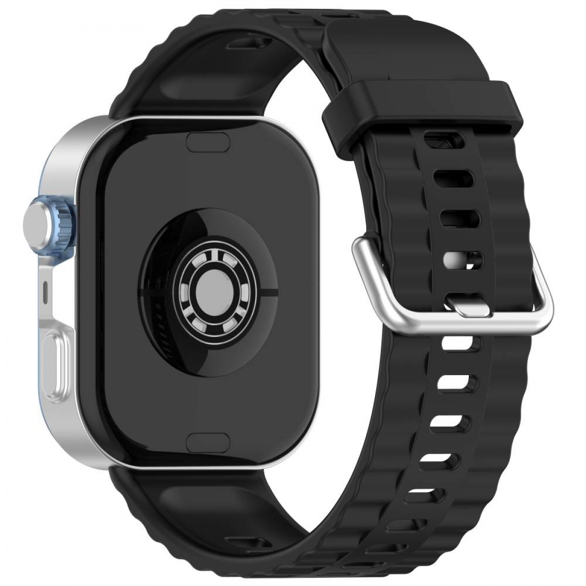 Eine Smartwatch mit schwarzem Bildschirm und schwarzem Armband. Das Band hat eine silberne Schnalle und blaue Seitentaste.