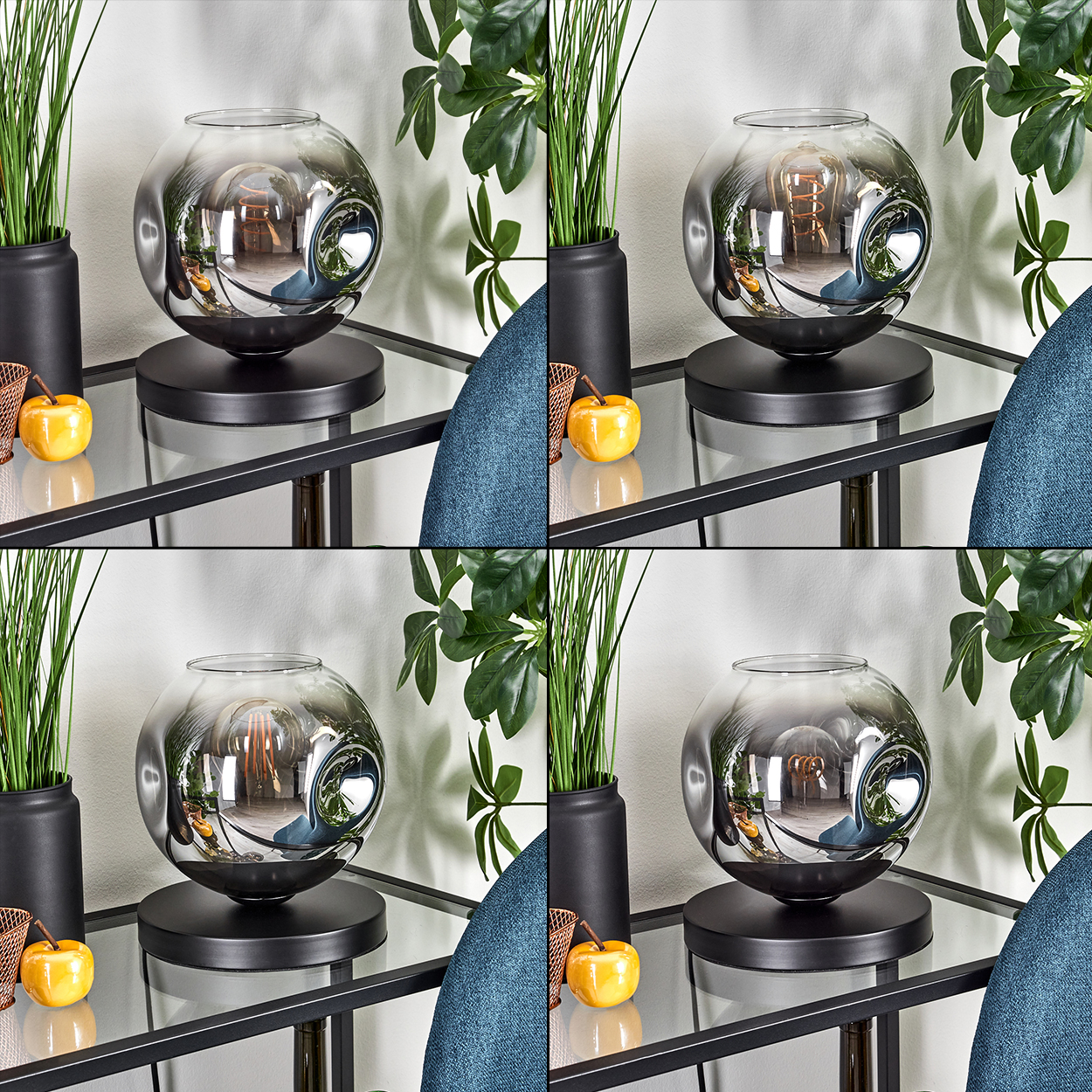 Eine Collage, die eine Lampe mit rundem, reflektierendem Schirm auf einem Glastisch mit Dekoration zeigt.