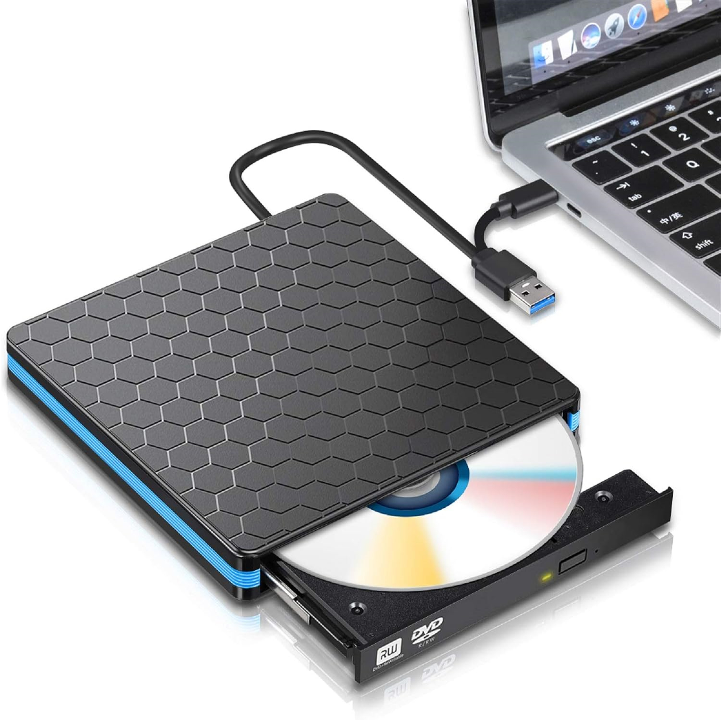 Ein schwarzes und blaues externes CD/DVD-Laufwerk ist über ein USB-Kabel mit einem Laptop verbunden.