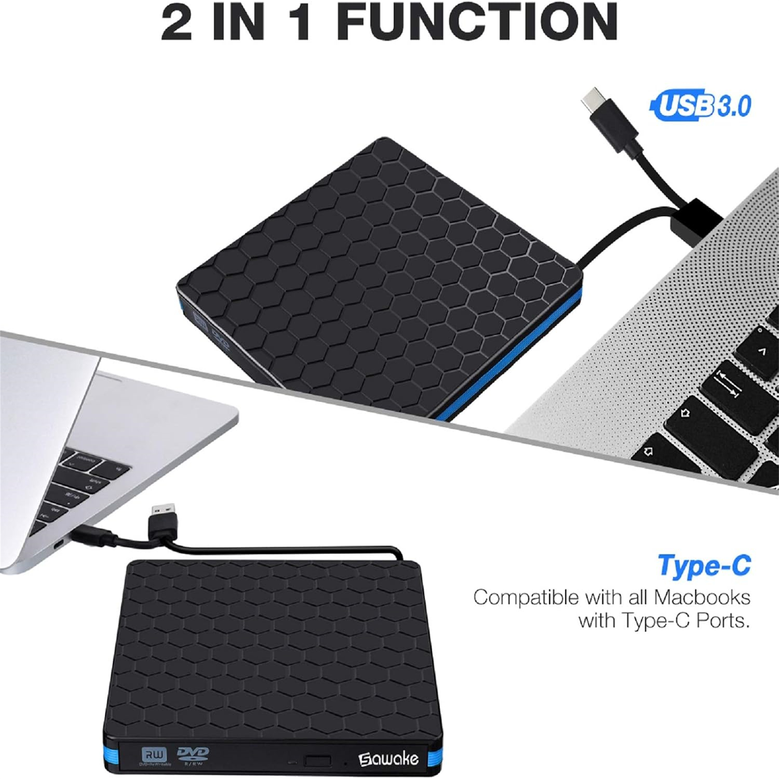 Ein schwarz-blau gemusterter tragbarer DVD-Writer und -Reader, angeschlossen an einen Laptop.