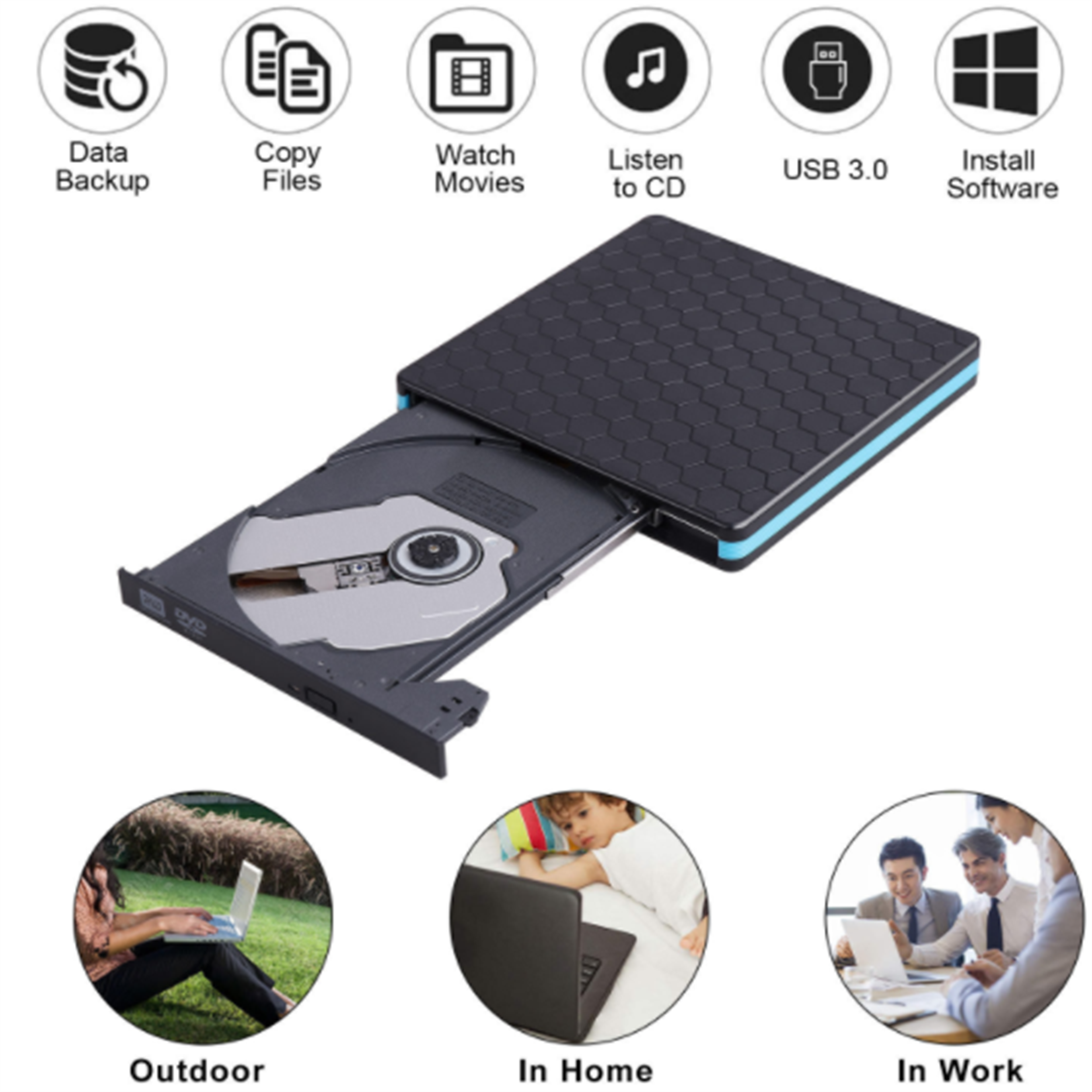 Ein schwarzes externes CD/DVD-Laufwerk mit Icons, die seine Verwendung anzeigen: Backup, Kopieren, Filme.