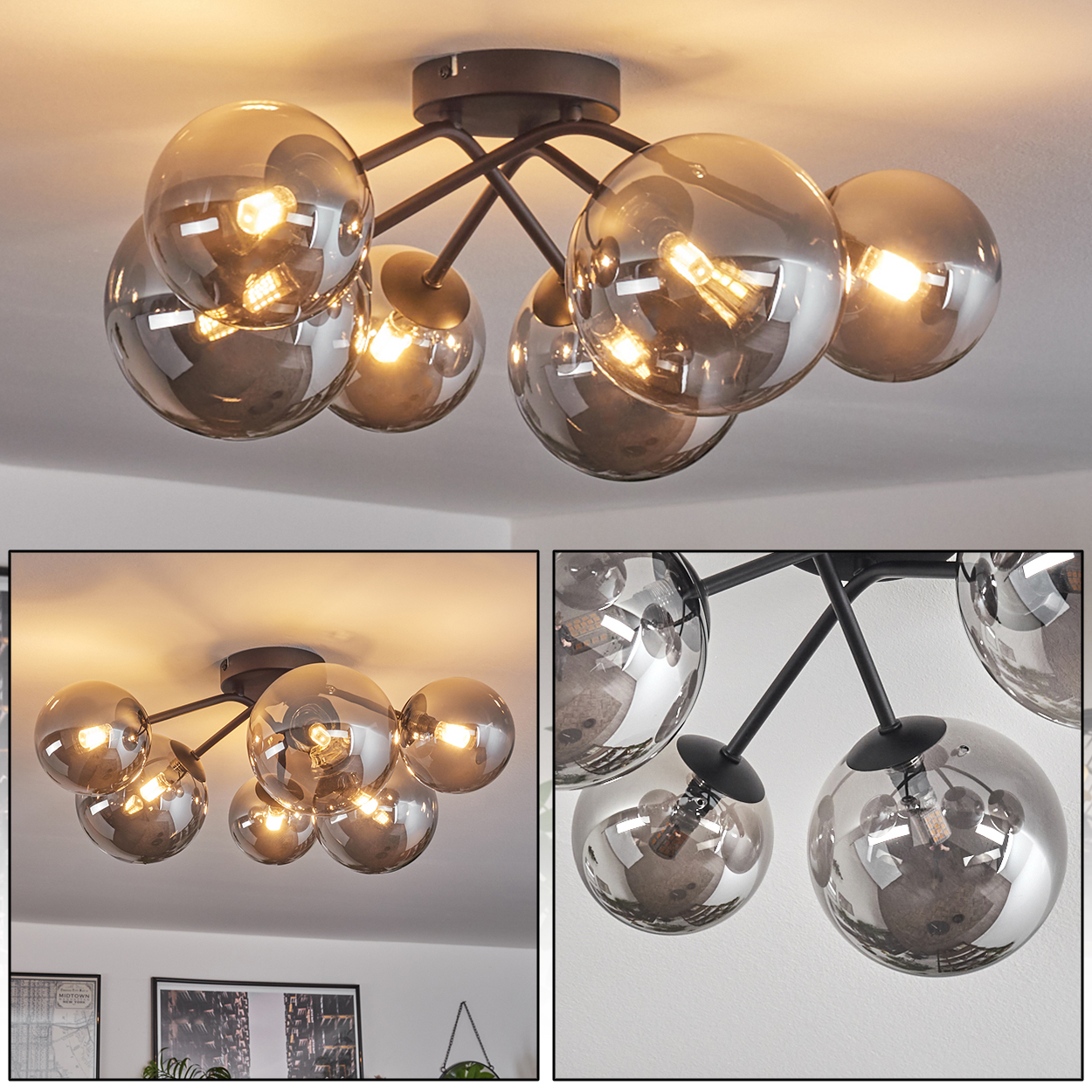 Eine Deckenlampe mit acht reflektierenden, kugelförmigen Lichtern, die auf einem schwarzen Rahmen angeordnet sind, zeigt mehrere Ansichten.