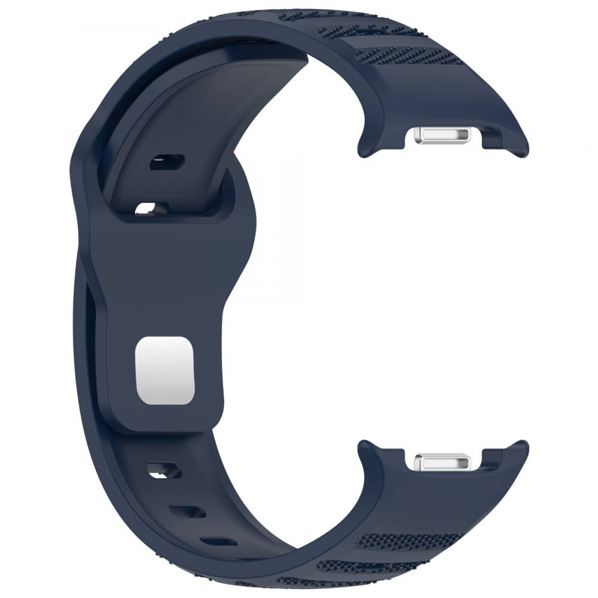 Ein dunkelblaues Uhrenarmband mit strukturierten Mustern. Das Design ist gebogen mit silbernen Metalleinsätzen.