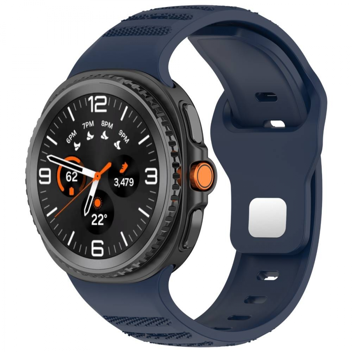Eine dunkelblaue Smartwatch mit marineblauem Armband. Das Zifferblatt zeigt Zeit- und Gesundheitsmetriken.