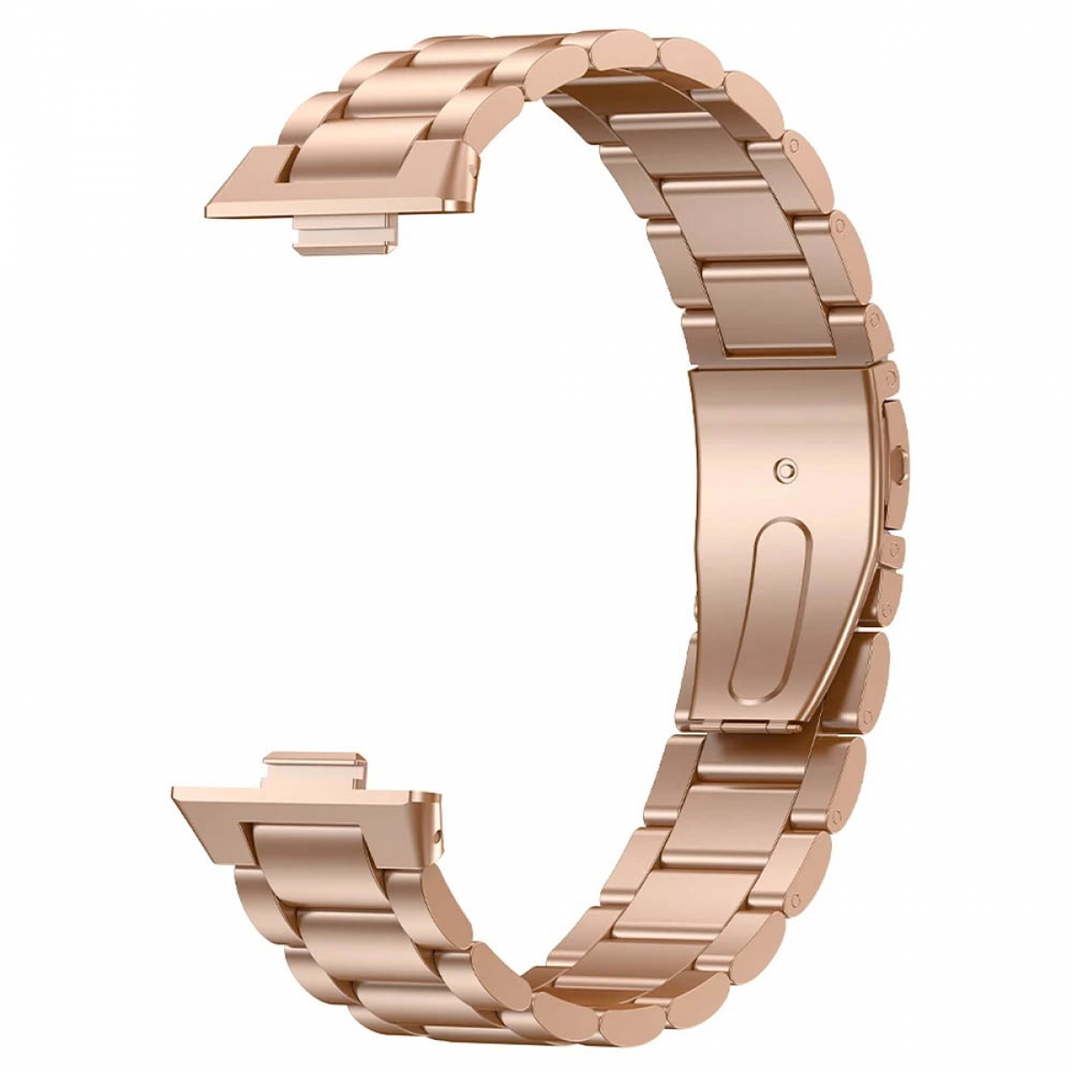 Roségoldenes Uhrenarmband, Metallglieder bilden ein C. Der Verschluss ist mittig, mit Stiften an jedem Ende.