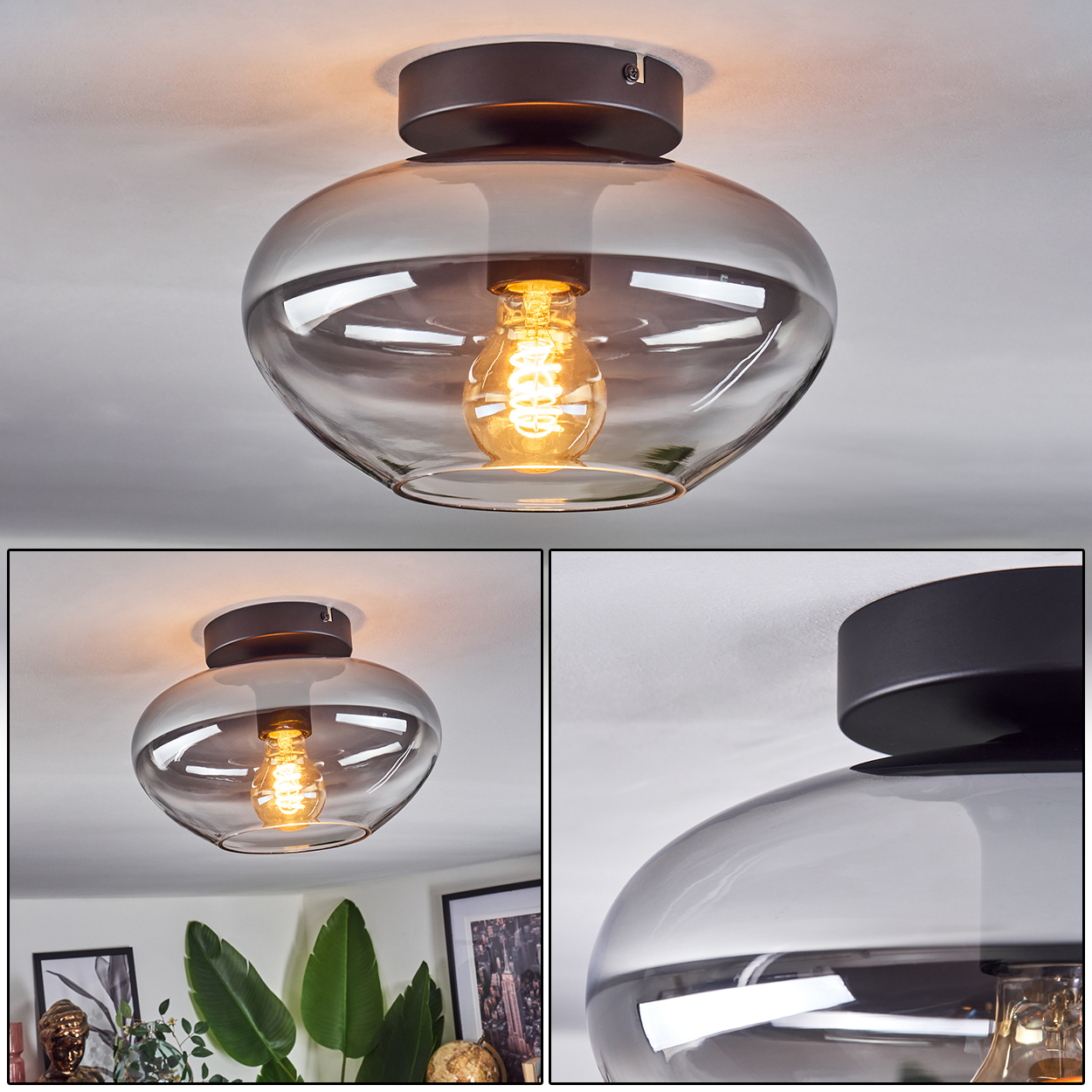 Eine Deckenleuchte mit Glasschirm. Der Hintergrund zeigt ein Zimmer mit Pflanzen und Kunstwerken.