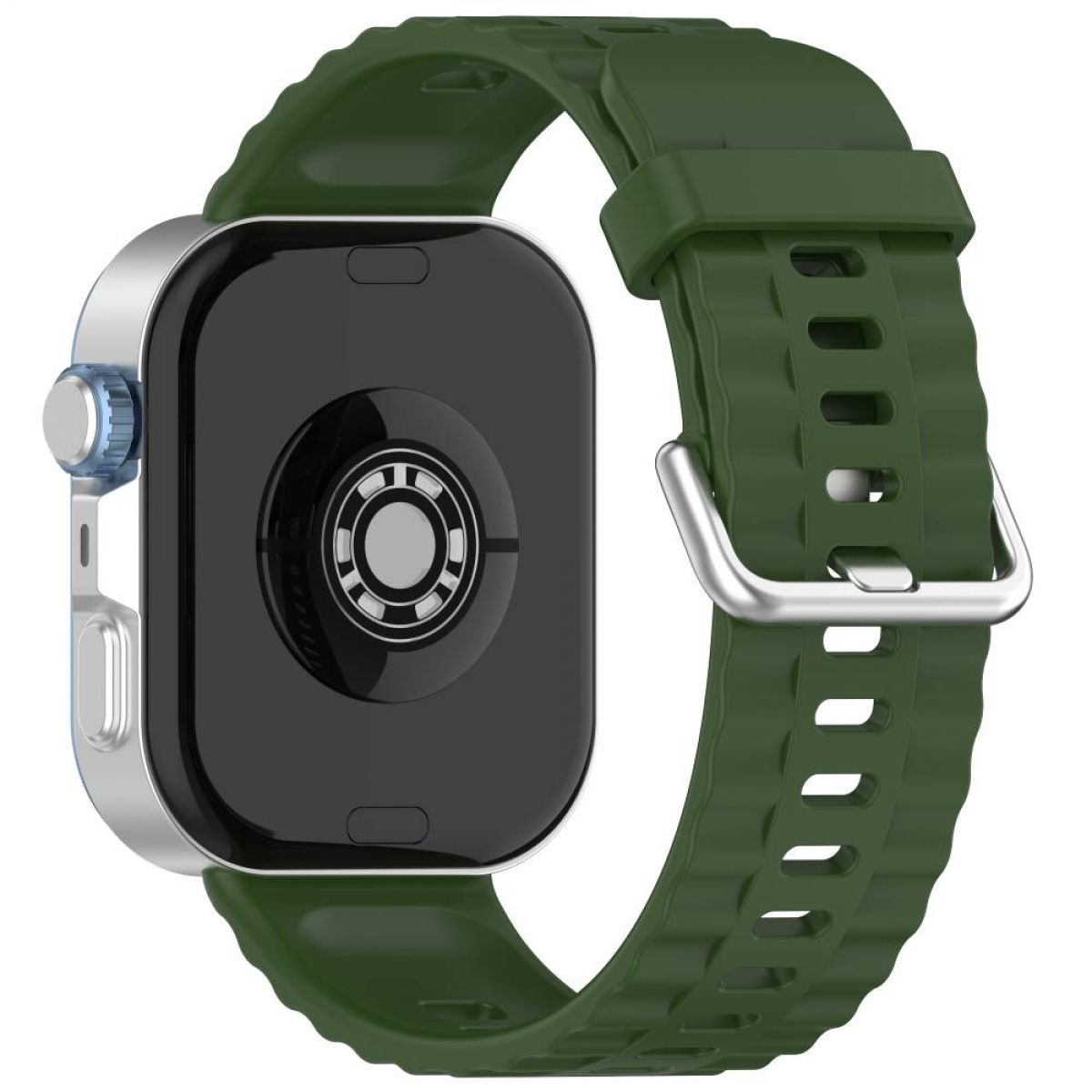 Grünes Uhrenarmband und eine Uhr. Das Band ist C-förmig mit einer Schnalle. Die Uhr ist schwarz und silber.