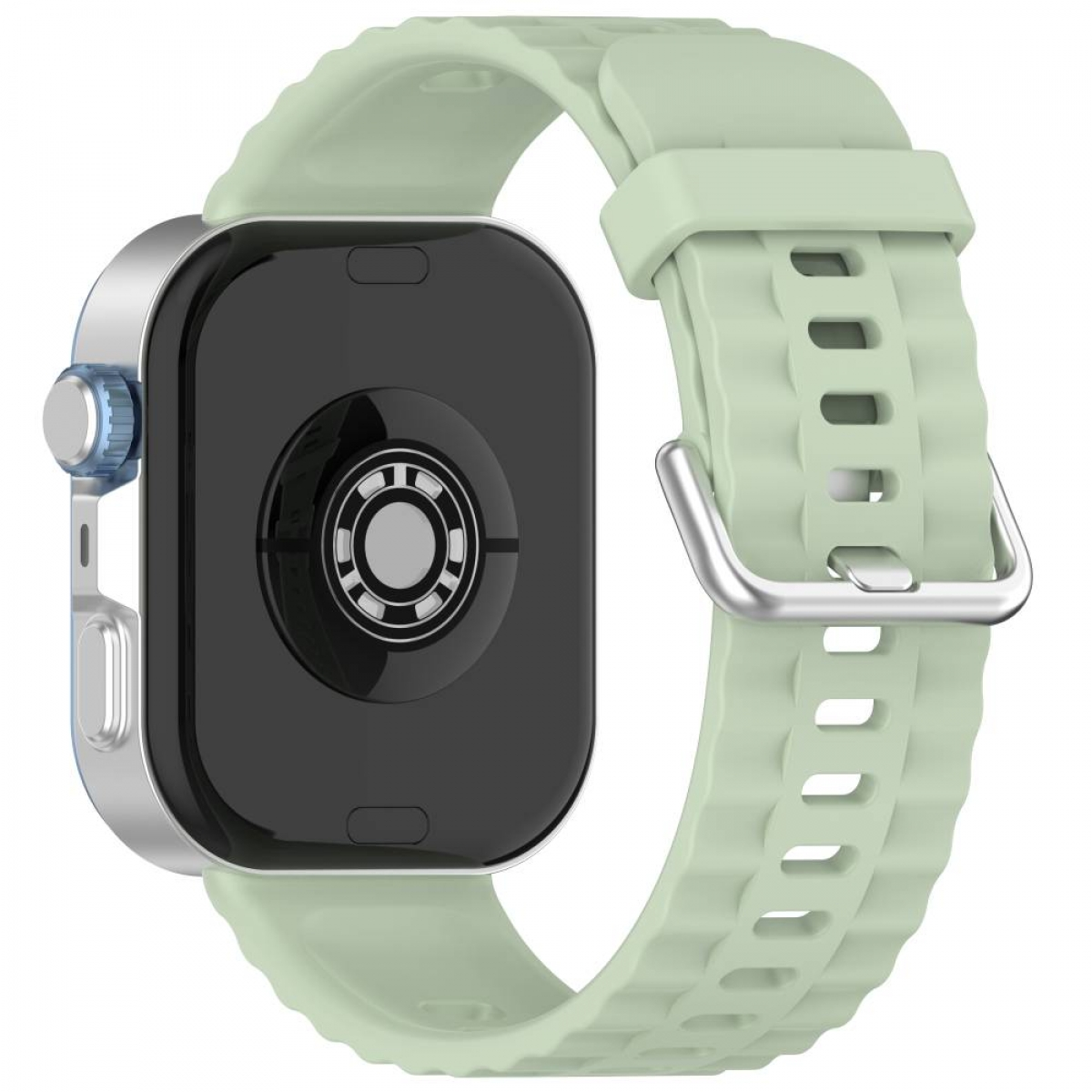 Minzgrünes Uhrenarmband und eine Uhr. Das Band ist C-förmig mit einer Schnalle. Die Uhr ist schwarz und silber.