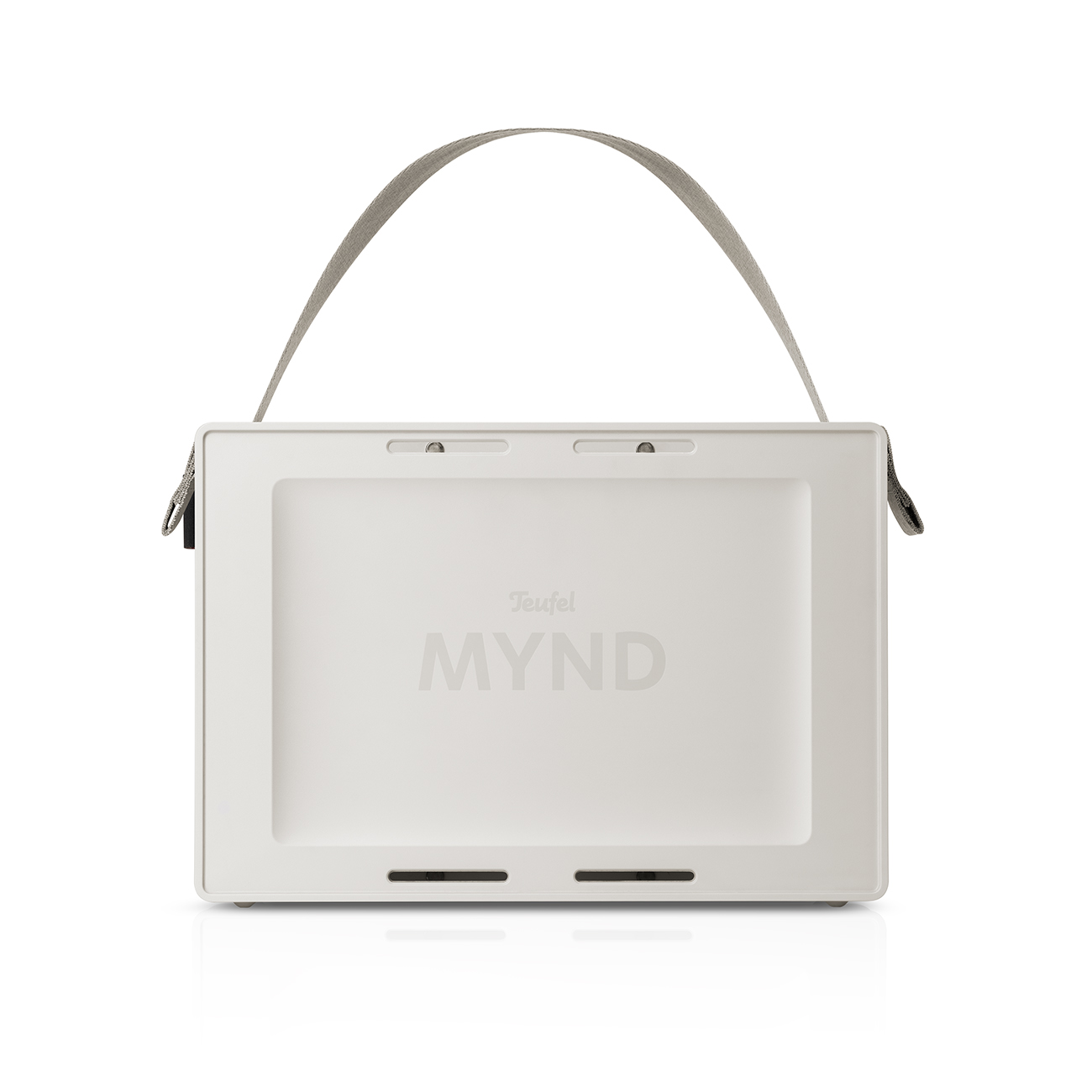 Haut-parleur rectangulaire blanc avec poignée. Logo Teufel MYND visible. Fond blanc.