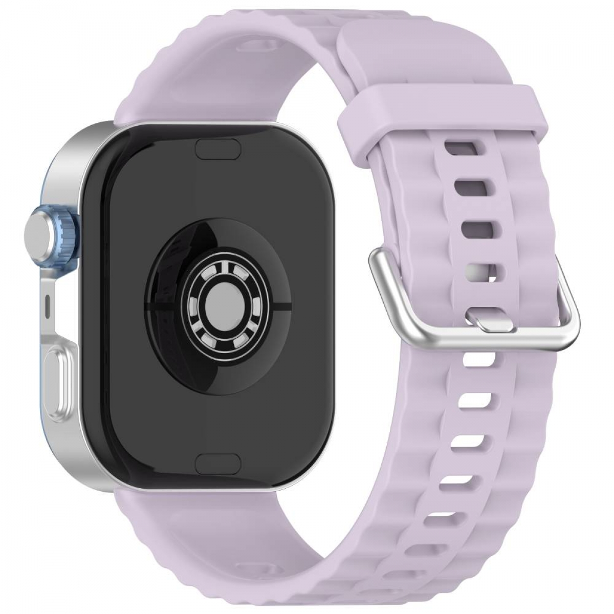 Eine Smartwatch mit schwarzem Bildschirm und lila Armband. Das Armband hat eine Edelstahlschnalle.