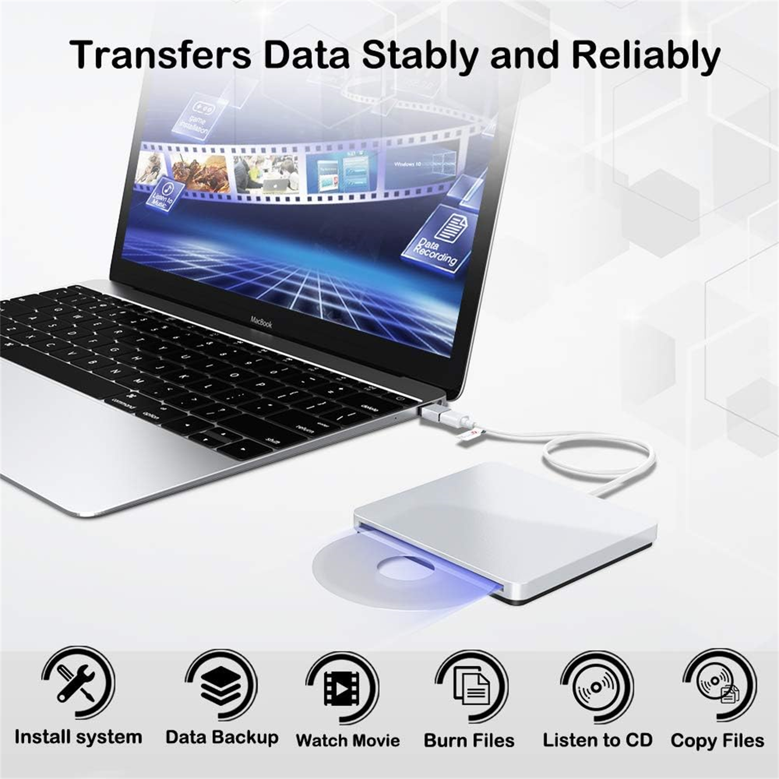 Ein Laptop mit angeschlossenem CD/DVD-Laufwerk. Text: Daten stabil und zuverlässig übertragen. Symbole unten.