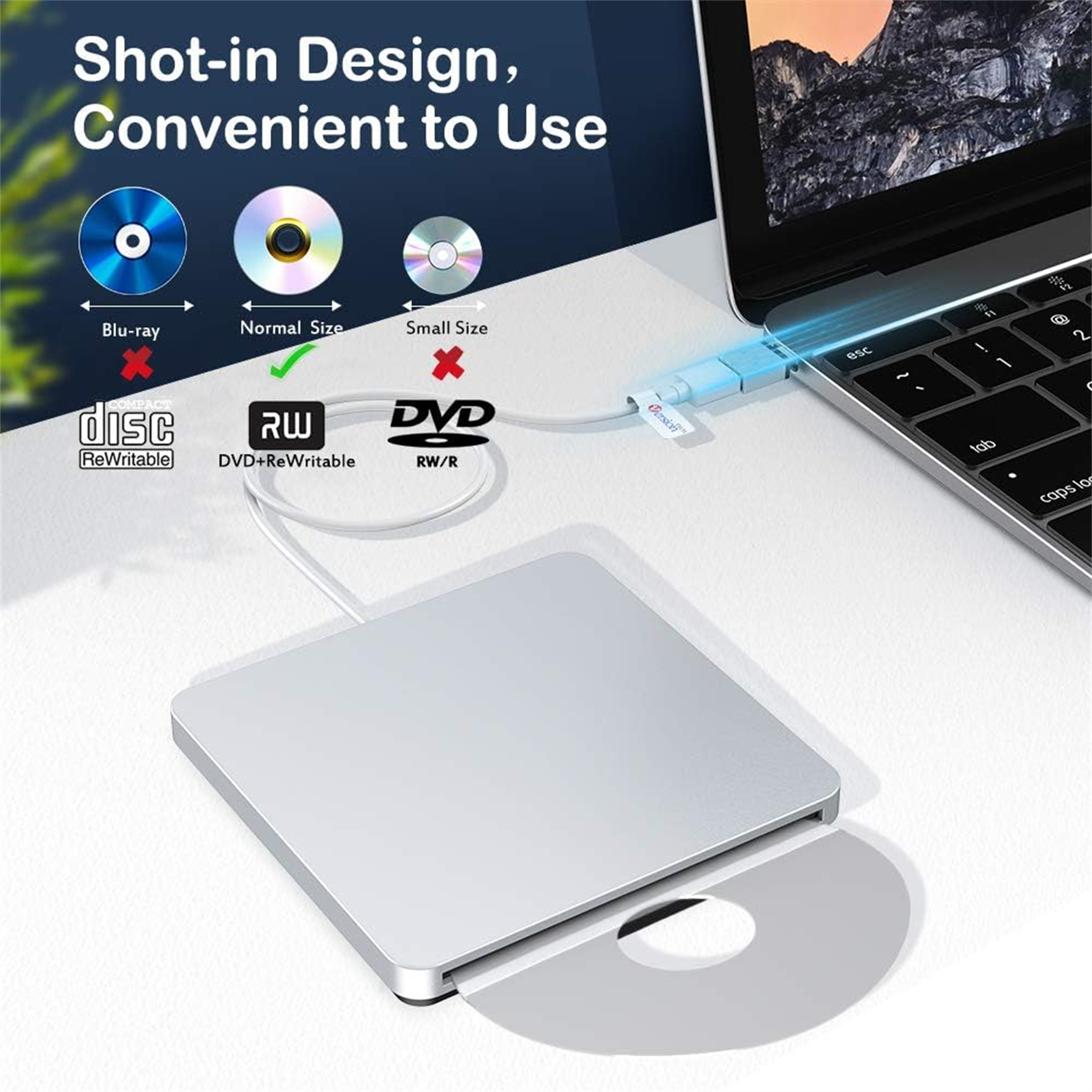 Silbernes externes DVD-Laufwerk, an einen Laptop angeschlossen. Symbole zeigen die Kompatibilität an.