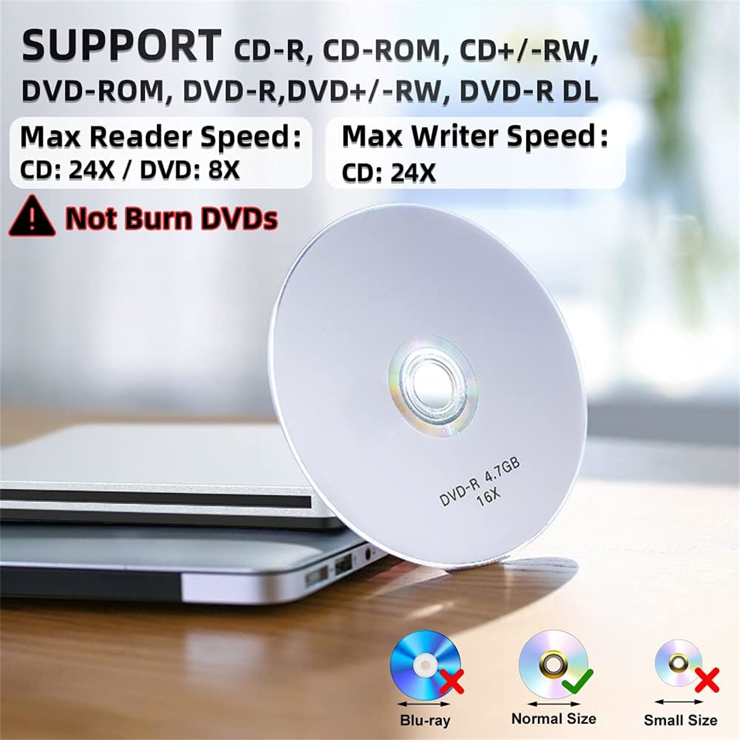 Laptop und externes DVD-Laufwerk. Text zeigt unterstützte Formate und Geschwindigkeiten an. Disc Icons.