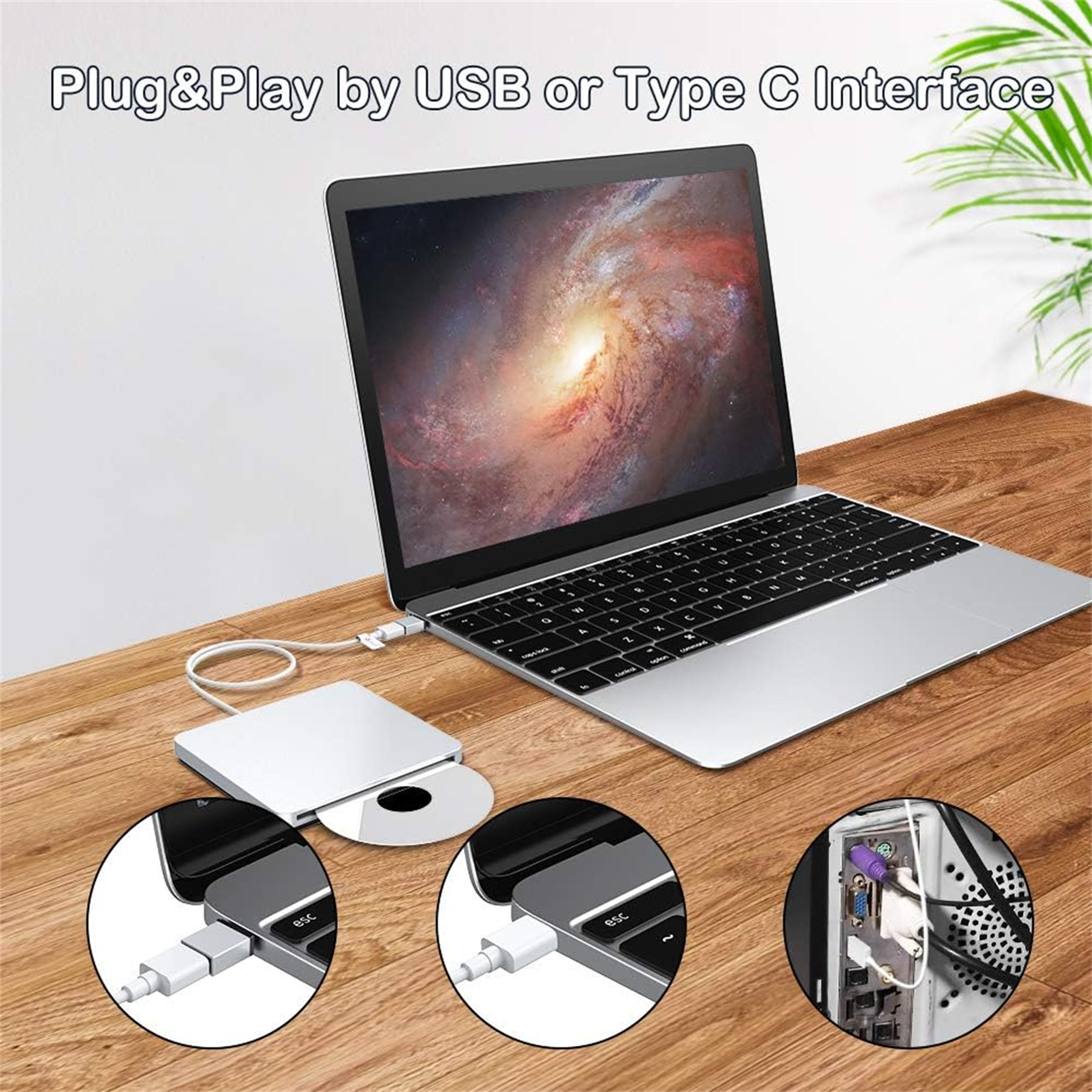 Ein Laptop mit CD-Laufwerk und USB-Anschlüssen, mit einem Telefon und einer Computerschnittstelle.