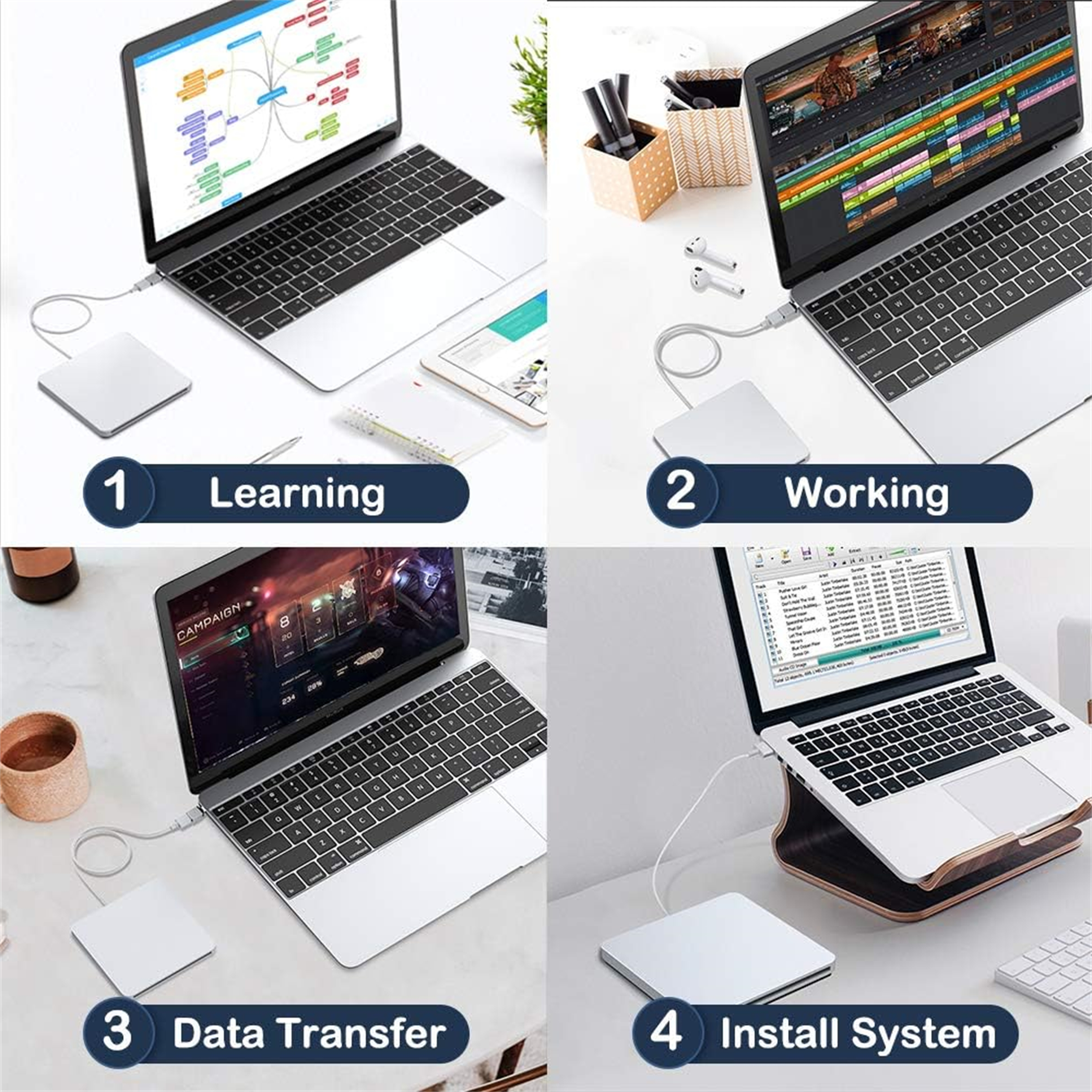 Vier Bilder, die ein CD/DVD-Laufwerk zeigen, das für Lernen, Arbeiten, Datenübertragung und Systeminstallation an einen Laptop angeschlossen ist.