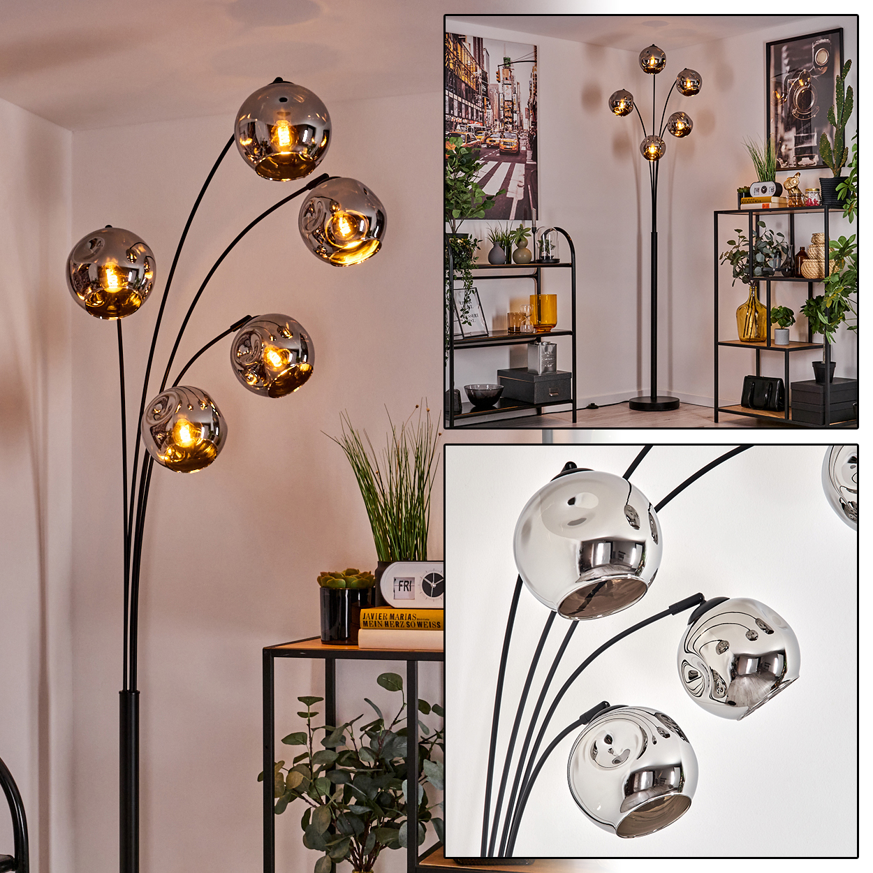 Eine Stehlampe mit fünf Chromkugel-Schirmen, mit schwarzem Fuß und Stiel. Ein Beistelltisch mit Deko.