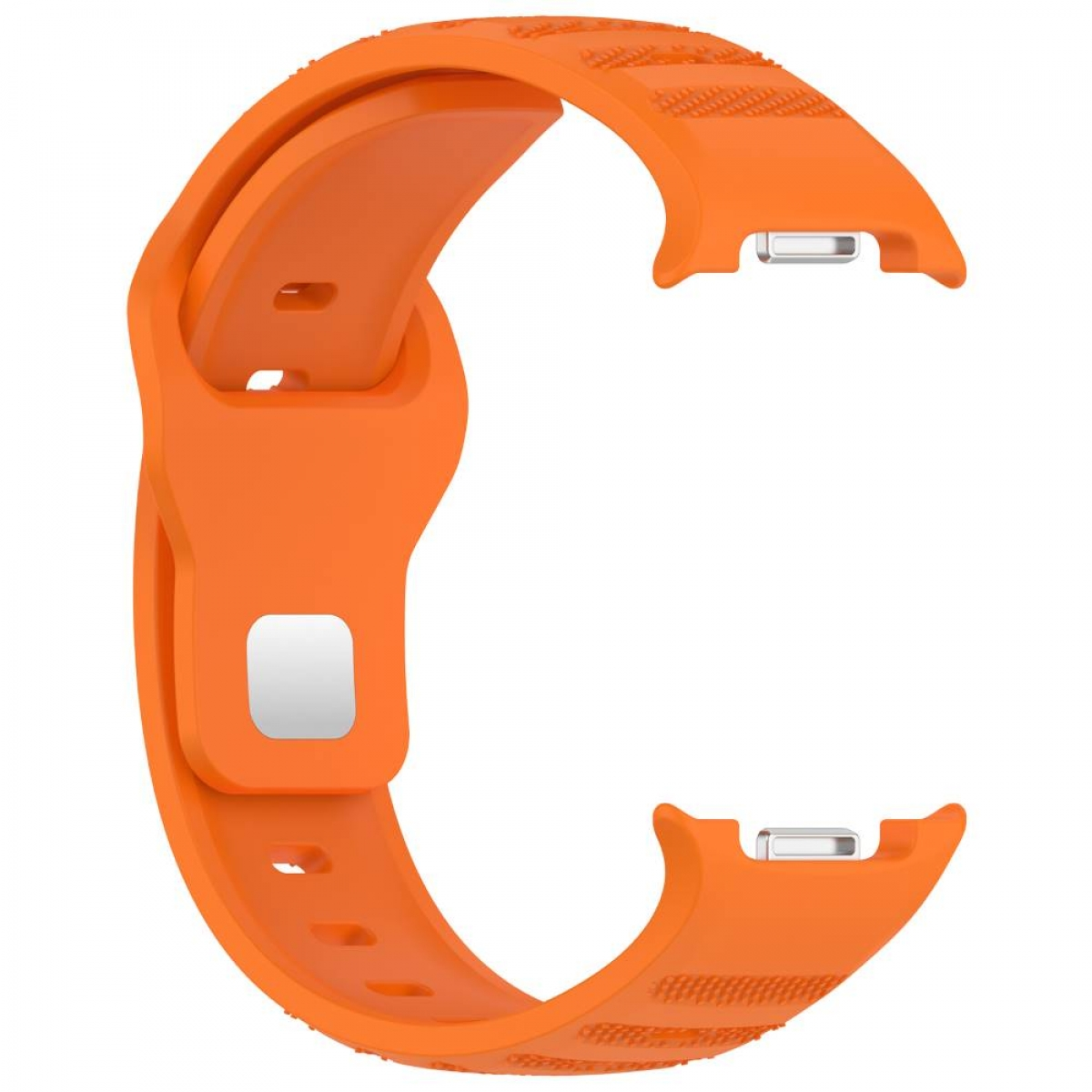 Ein orangefarbenes Uhrenarmband mit strukturierten Details und Metallverschlüssen, isoliert auf Weiß.