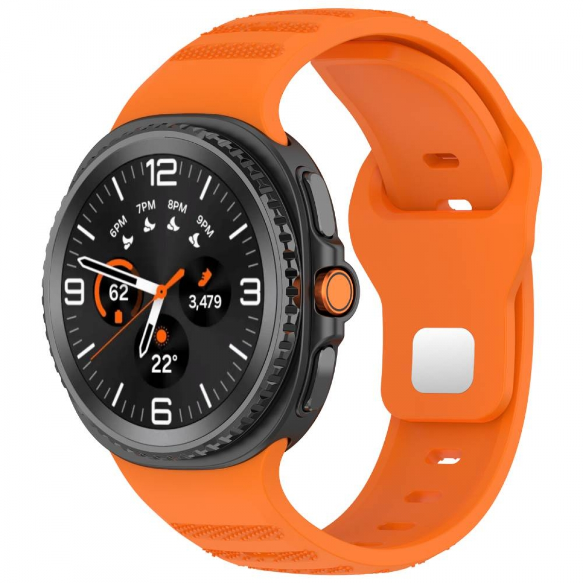 Eine Smartwatch mit orangefarbenem Armband, die Zeit und andere Metriken auf einem schwarzen Display anzeigt.