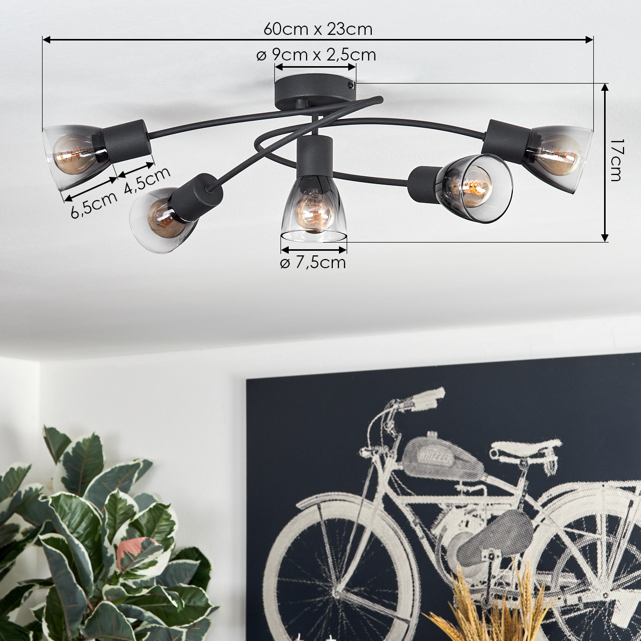 Messungen einer Deckenleuchte mit fünf durchsichtigen Glasschirmen. Abmessungen werden angegeben. Fahrrad-Kunstwerk sichtbar.