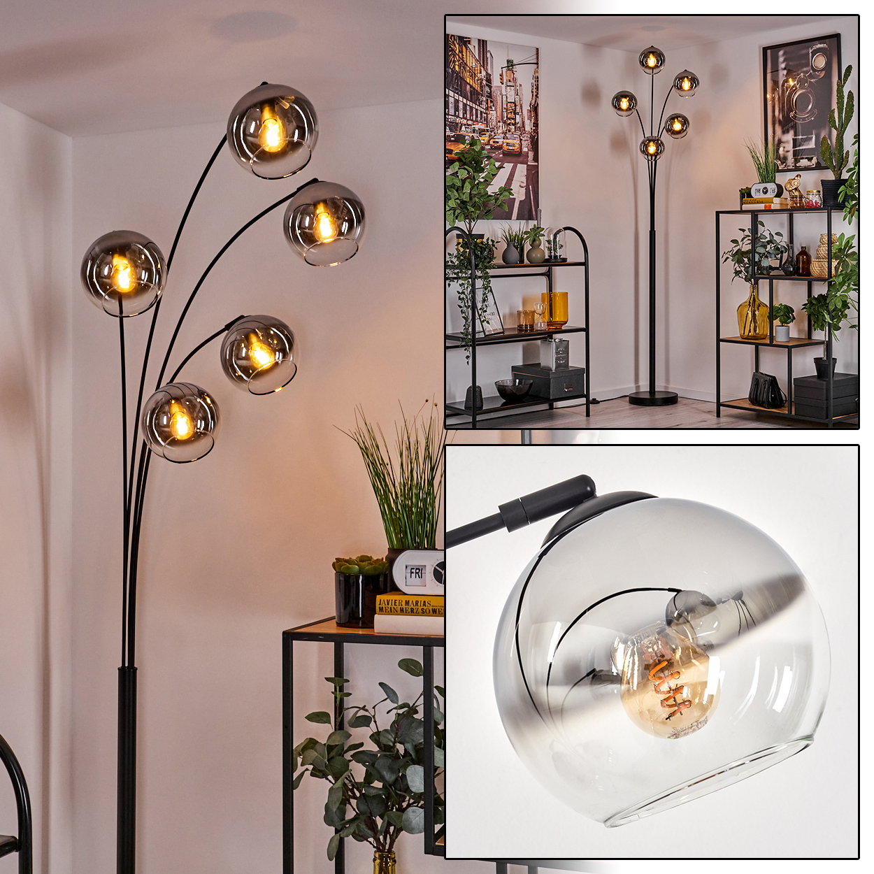 Eine Mehrfach-Kugel-Stehlampe und zwei weitere Bilder, mit Fokus auf die Lampe und ihre verschiedenen Komponenten.