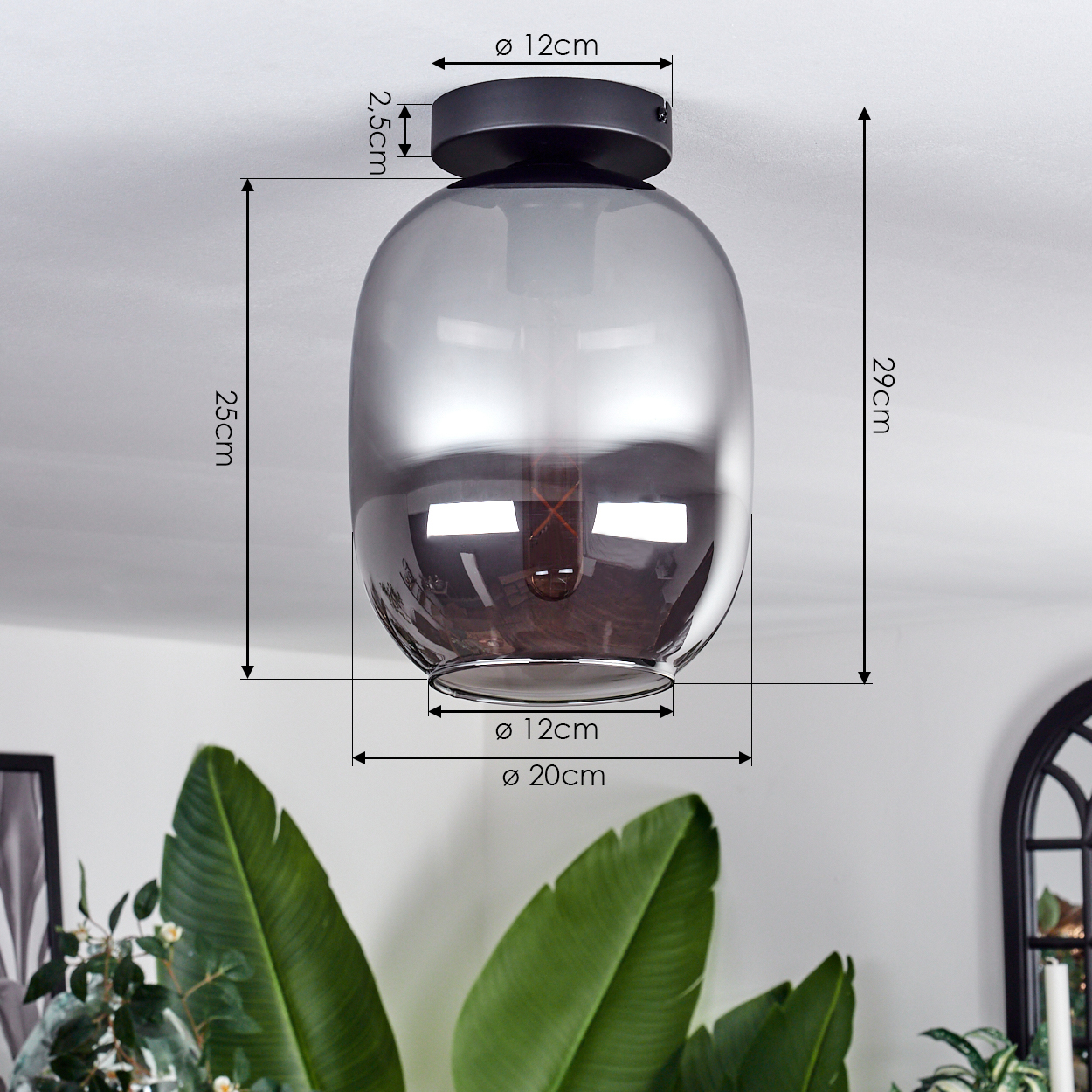 Eine Deckenlampe mit grauem Glasschirm. Maße sind abgebildet. Grüne Blätter sind im Vordergrund.