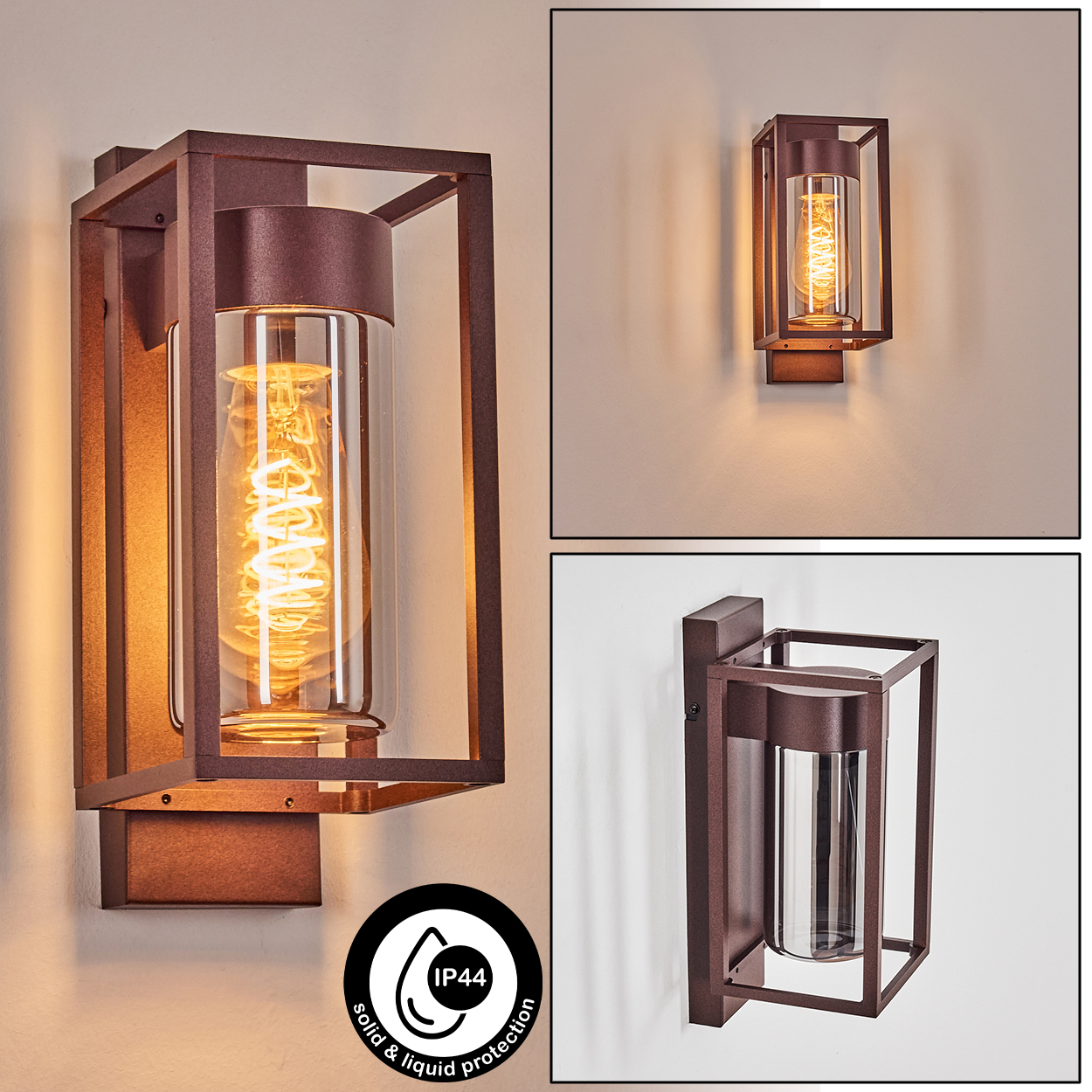 Drei Außenwandleuchten. Jede hat einen rechteckigen Rahmen und einen zylindrischen Glasschirm. Der Hintergrund ist beige.