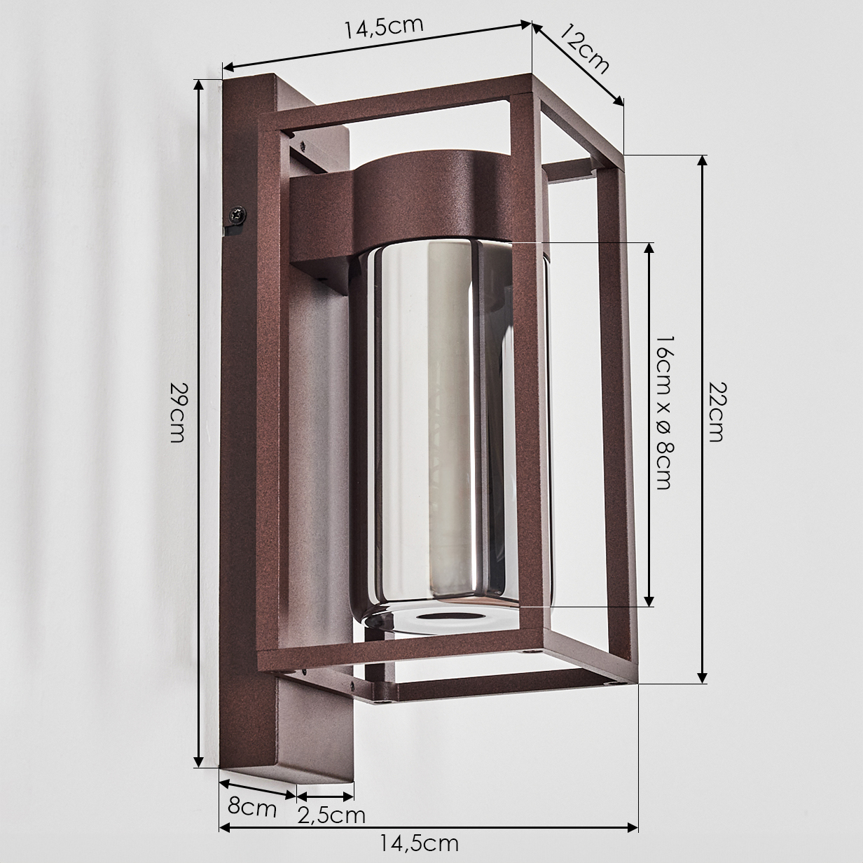 Eine braune Wandleuchte mit rechteckigem Rahmen und zylindrischem Glasschirm. Maße sind auf dem Bild angegeben.